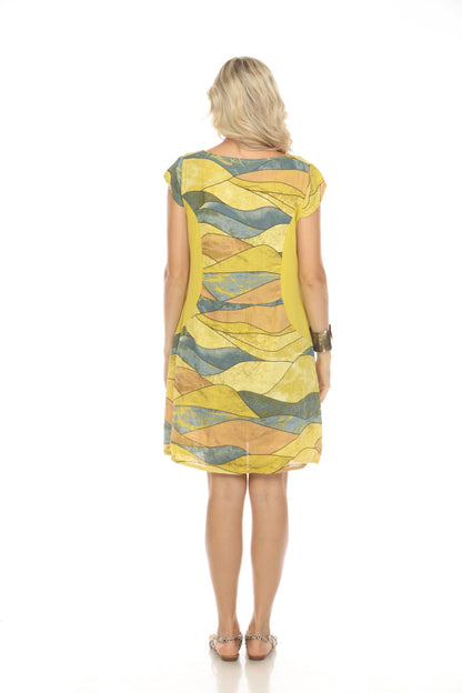 Mustard Navy Cap Sleeves Wave Print Dress Pocket Dress