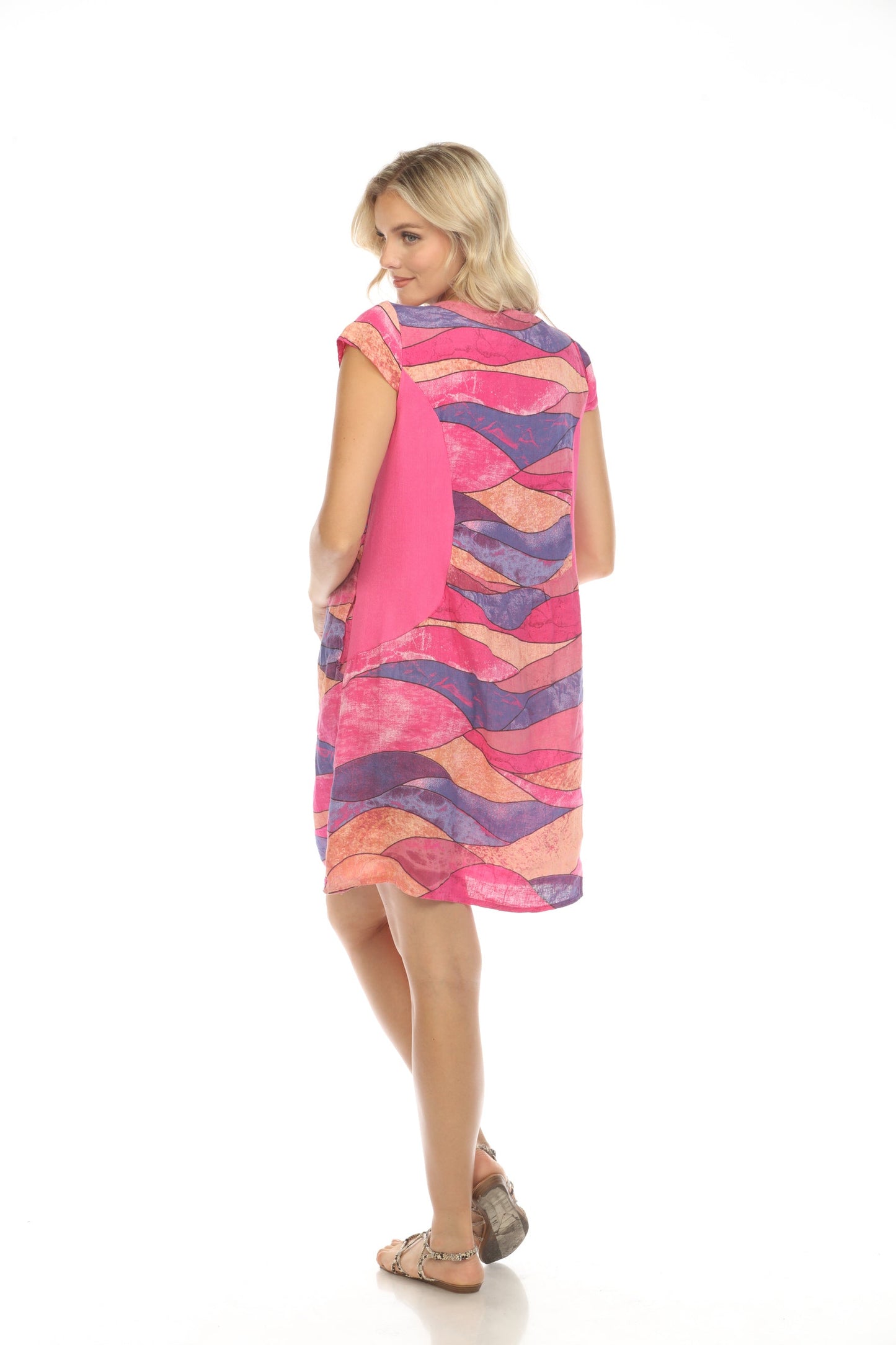Fuchsia Cap Sleeves Wave Print Pockets Dress
