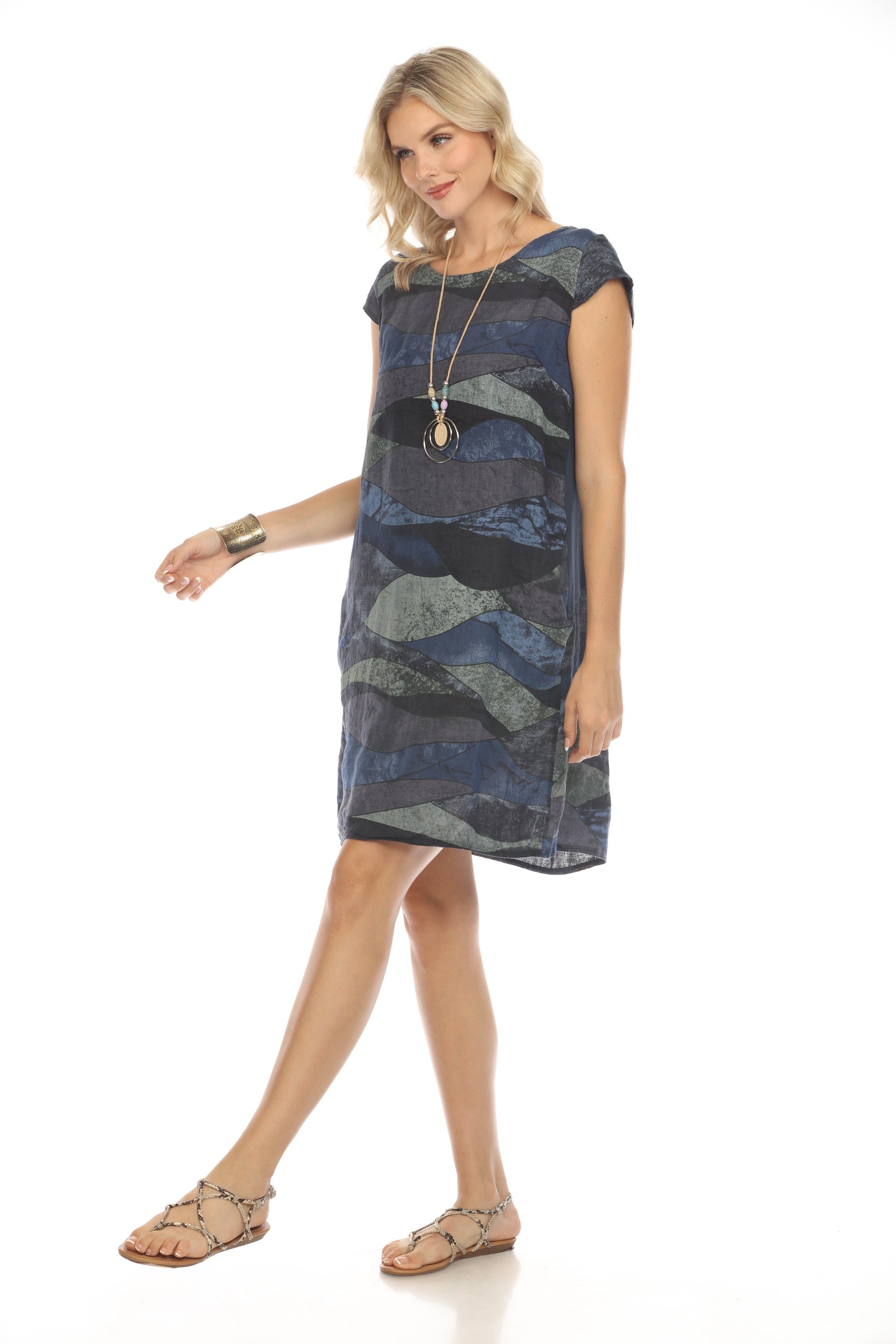 Navy Cap Sleeves Wave Print Dress Pocket Dress