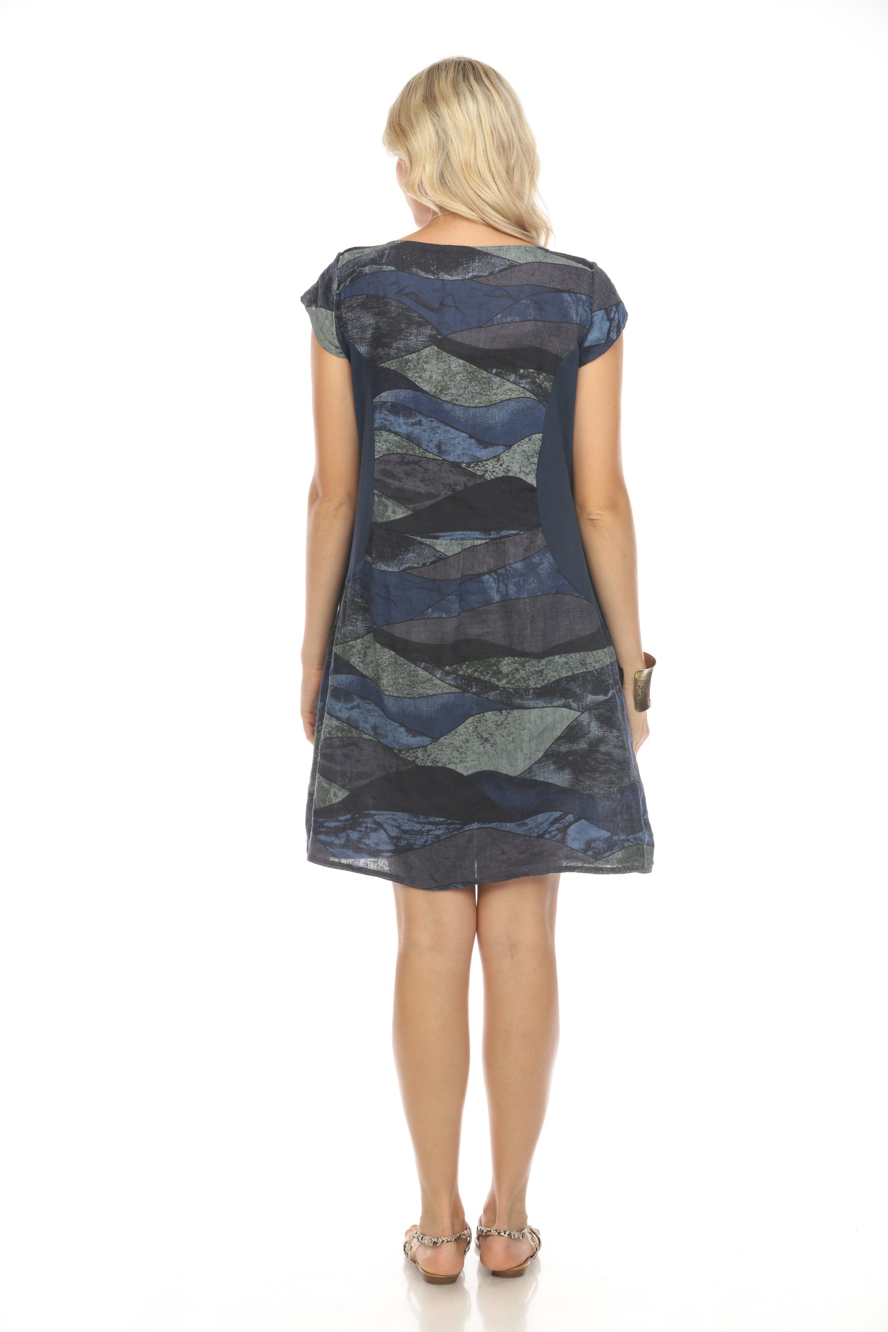 Navy Cap Sleeves Wave Print Dress Pocket Dress