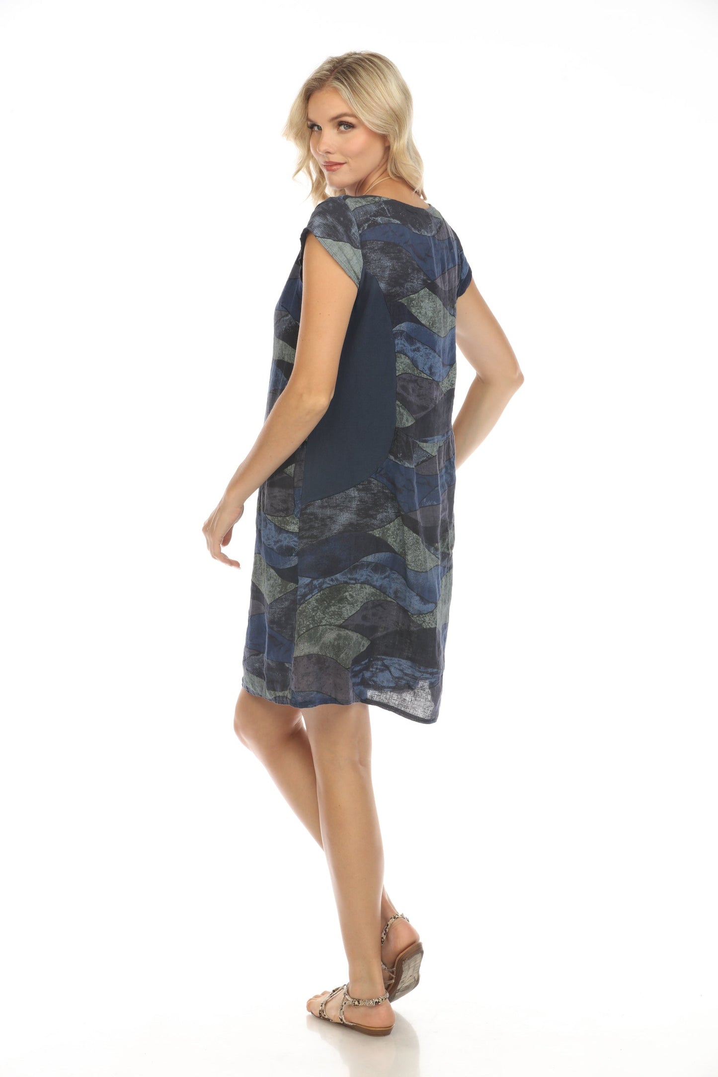 Navy Cap Sleeves Wave Print Pockets dress