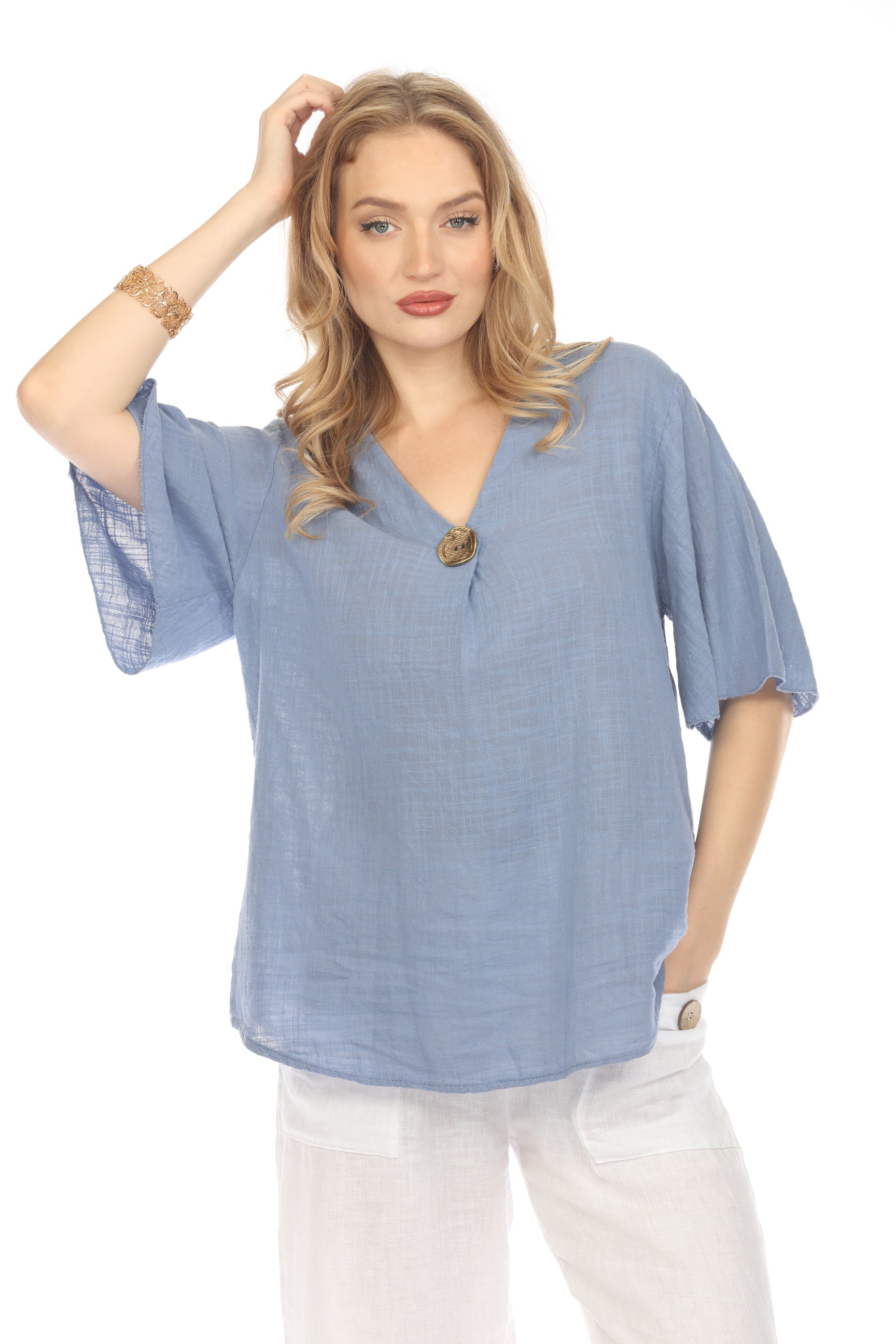 Denim Blue V Neck Plain Top With Bell Sleeves