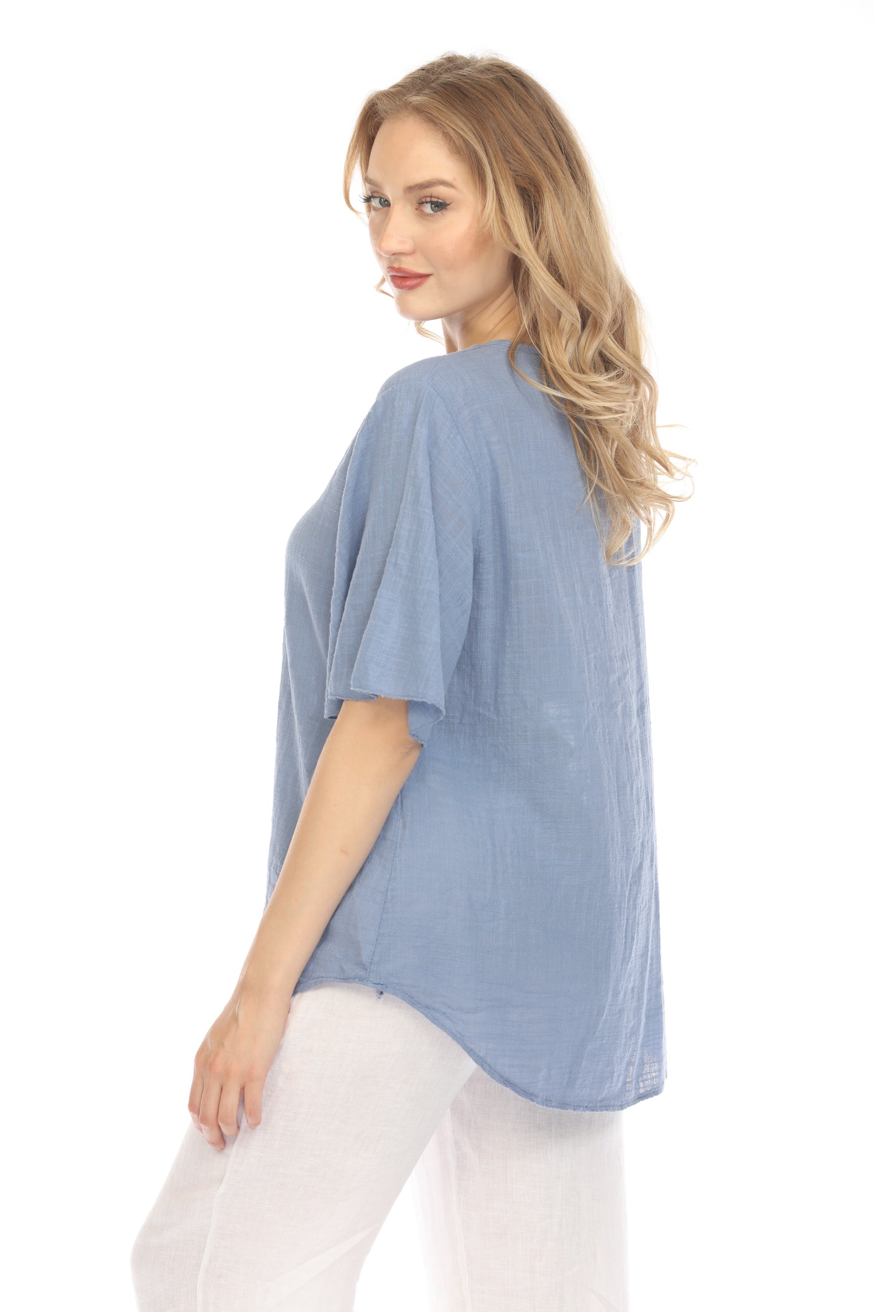 Denim Blue V Neck Plain Top With Bell Sleeves