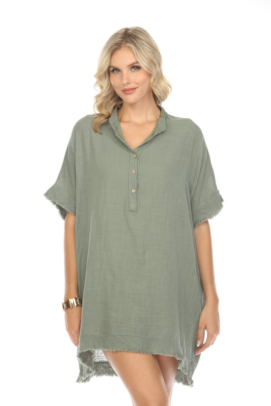 Olive Fringe  Sleeves Buttoned Tunic/Dress