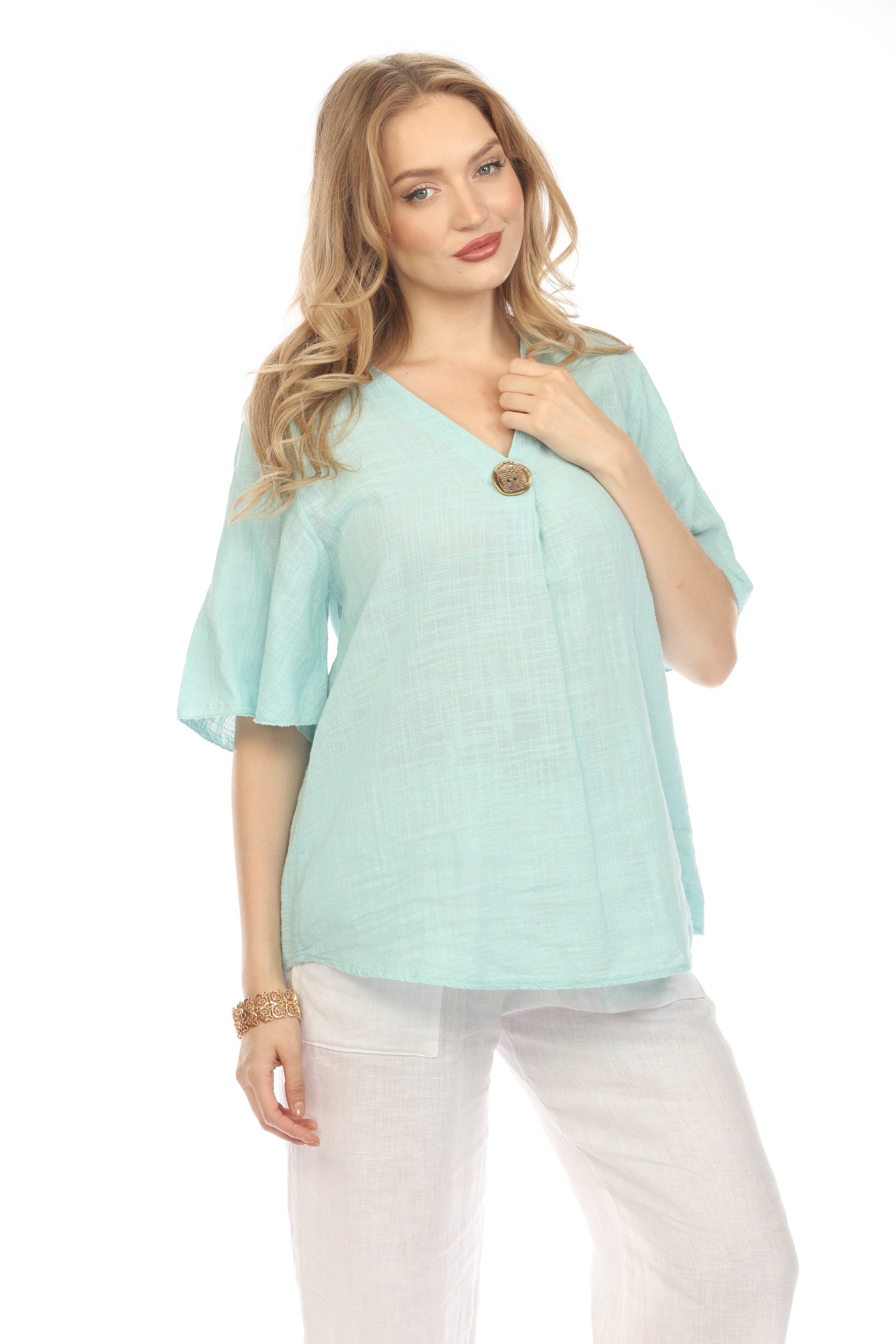 Sea Green V Neck Plain Top With Bell Sleeves