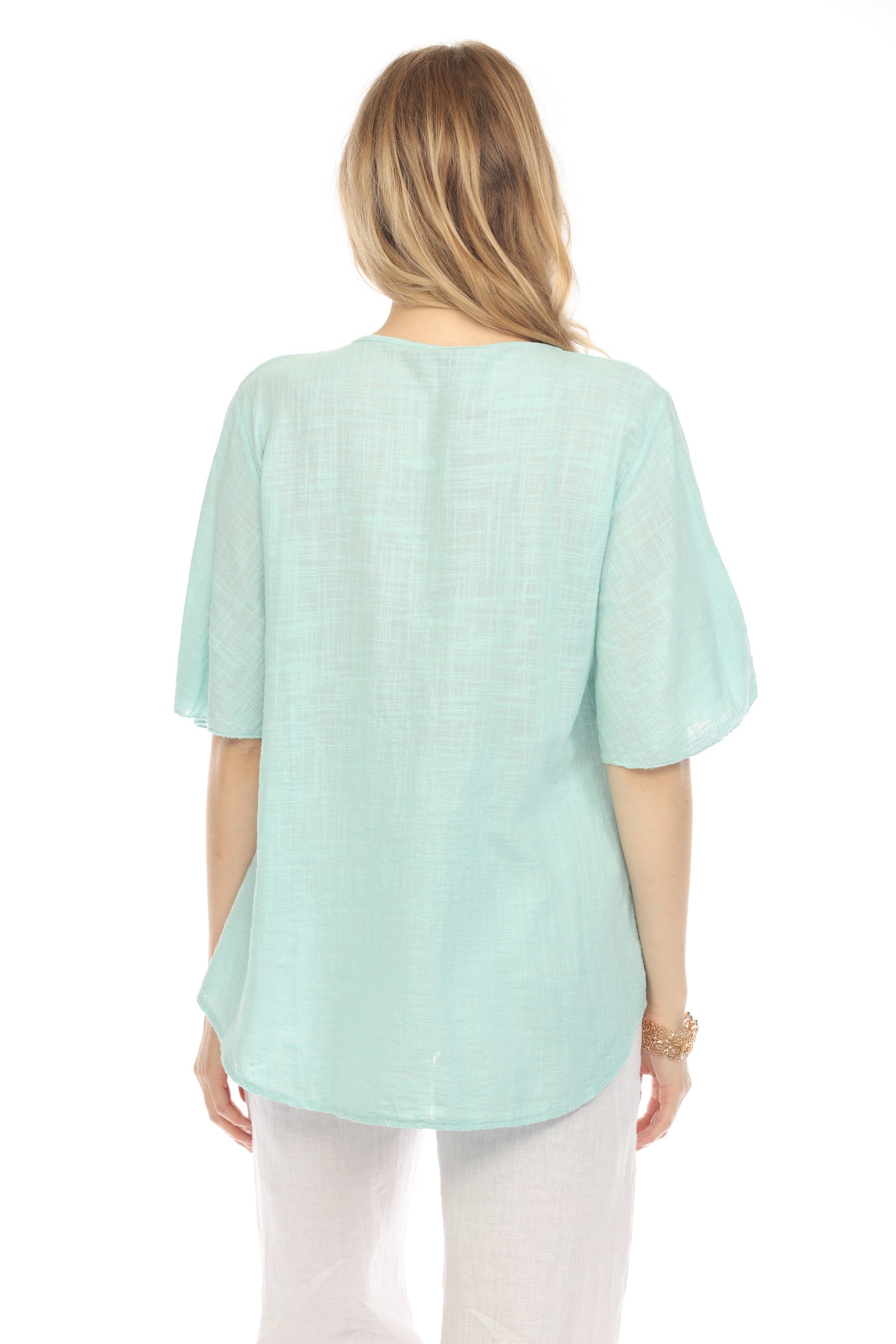 Sea Green V Neck Plain Top With Bell Sleeves