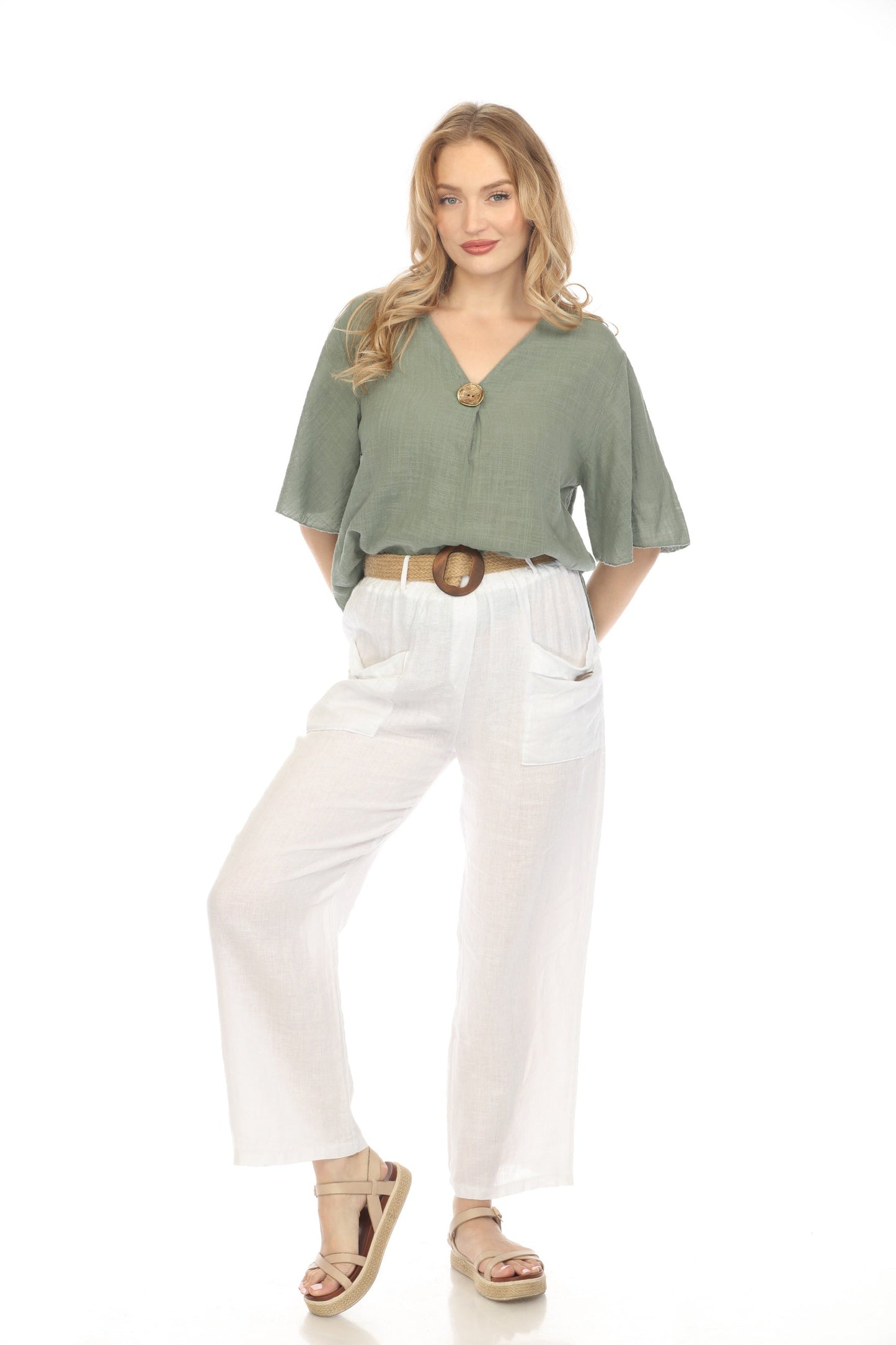 Olive V Neck Plain Top With Bell Sleeves