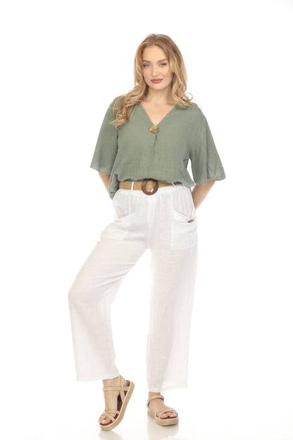 Olive V Neck Plain Top With Bell Sleeves