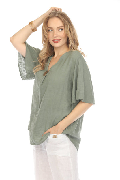 Olive V Neck Plain Top With Bell Sleeves