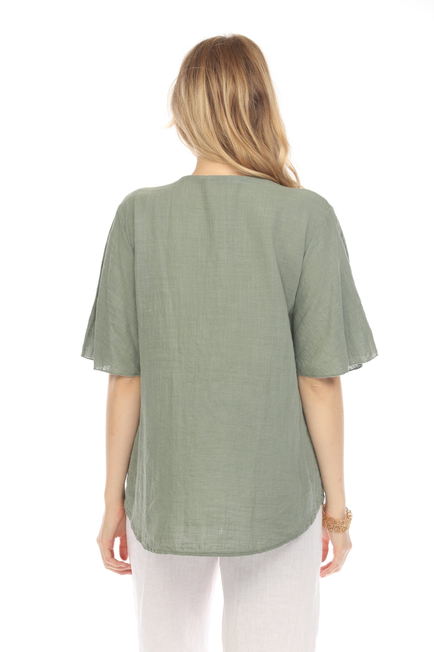 Olive V Neck Plain Top With Bell Sleeves