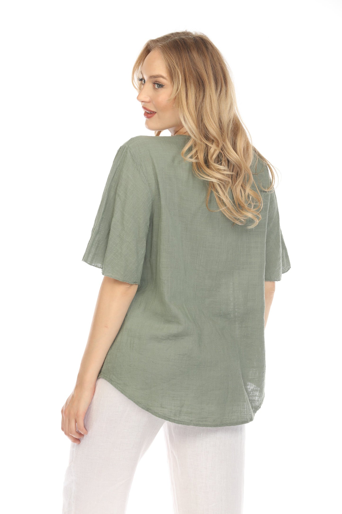 Olive V Neck Plain Top With Bell Sleeves