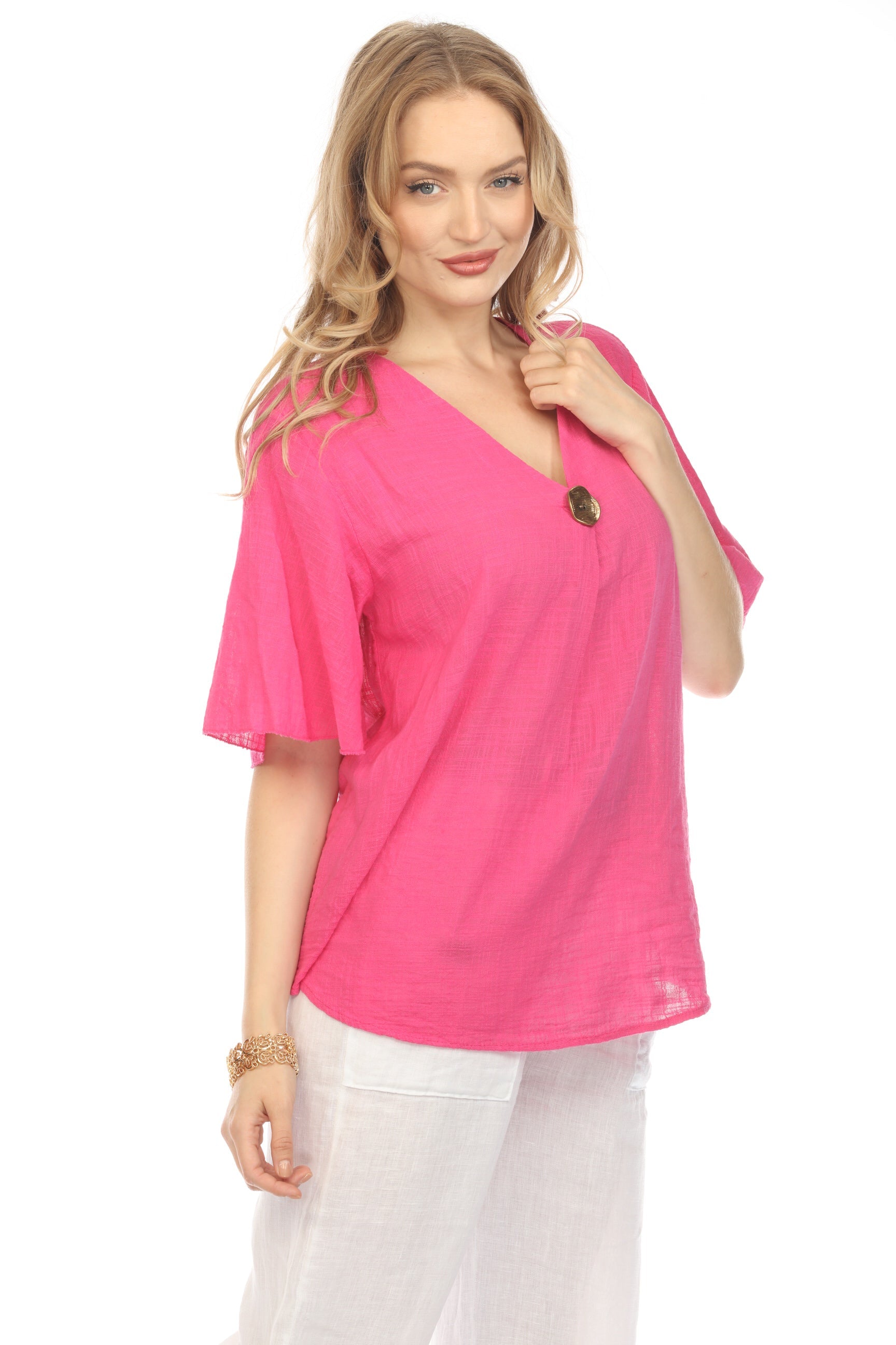 Fuchsia V Neck Plain Top With Bell Sleeves