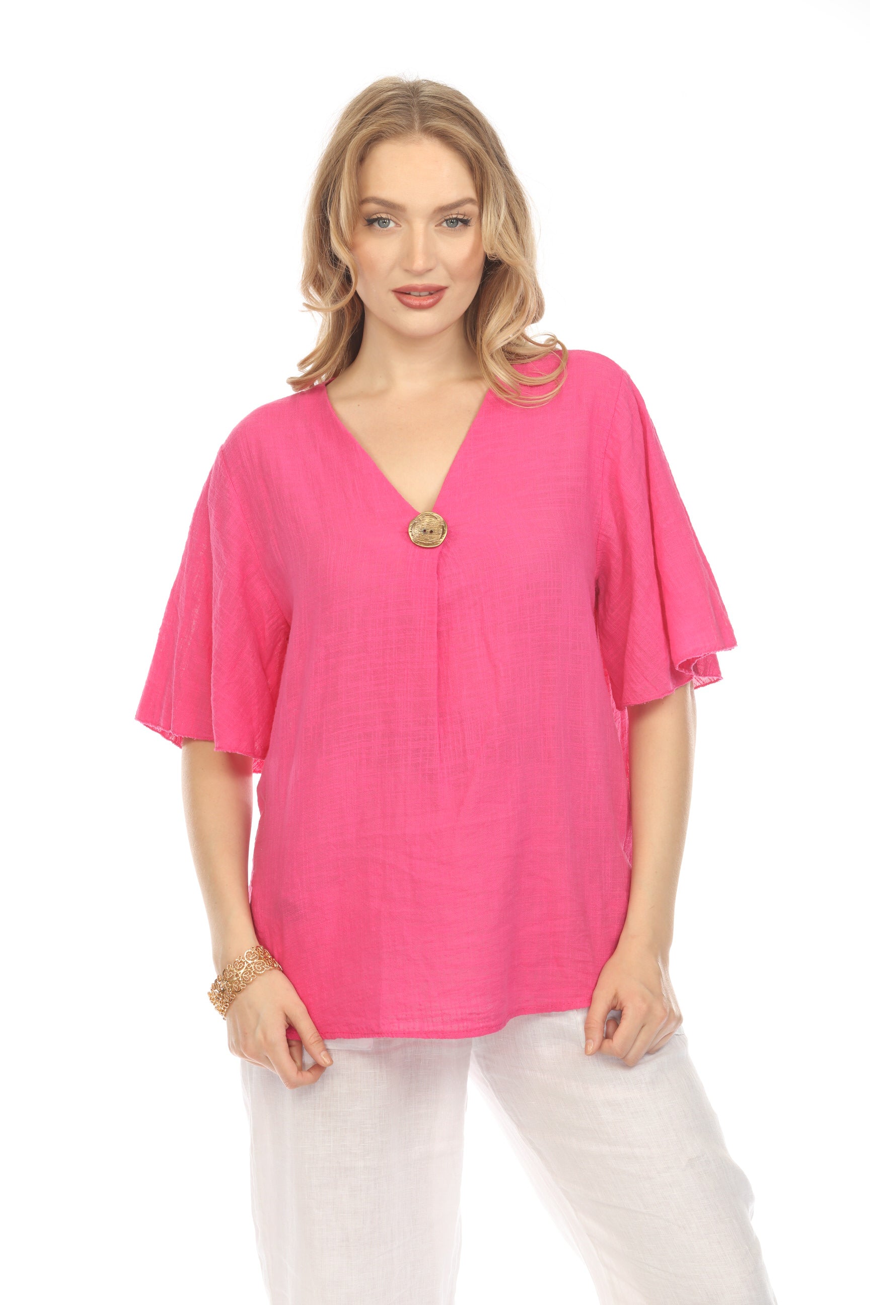 Fuchsia V Neck Plain Top With Bell Sleeves