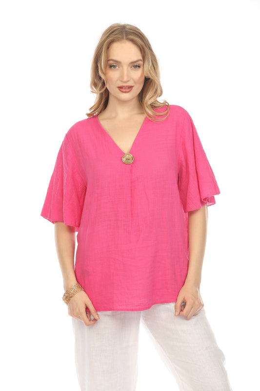 Fuchsia V Neck Plain Top With Bell Sleeves