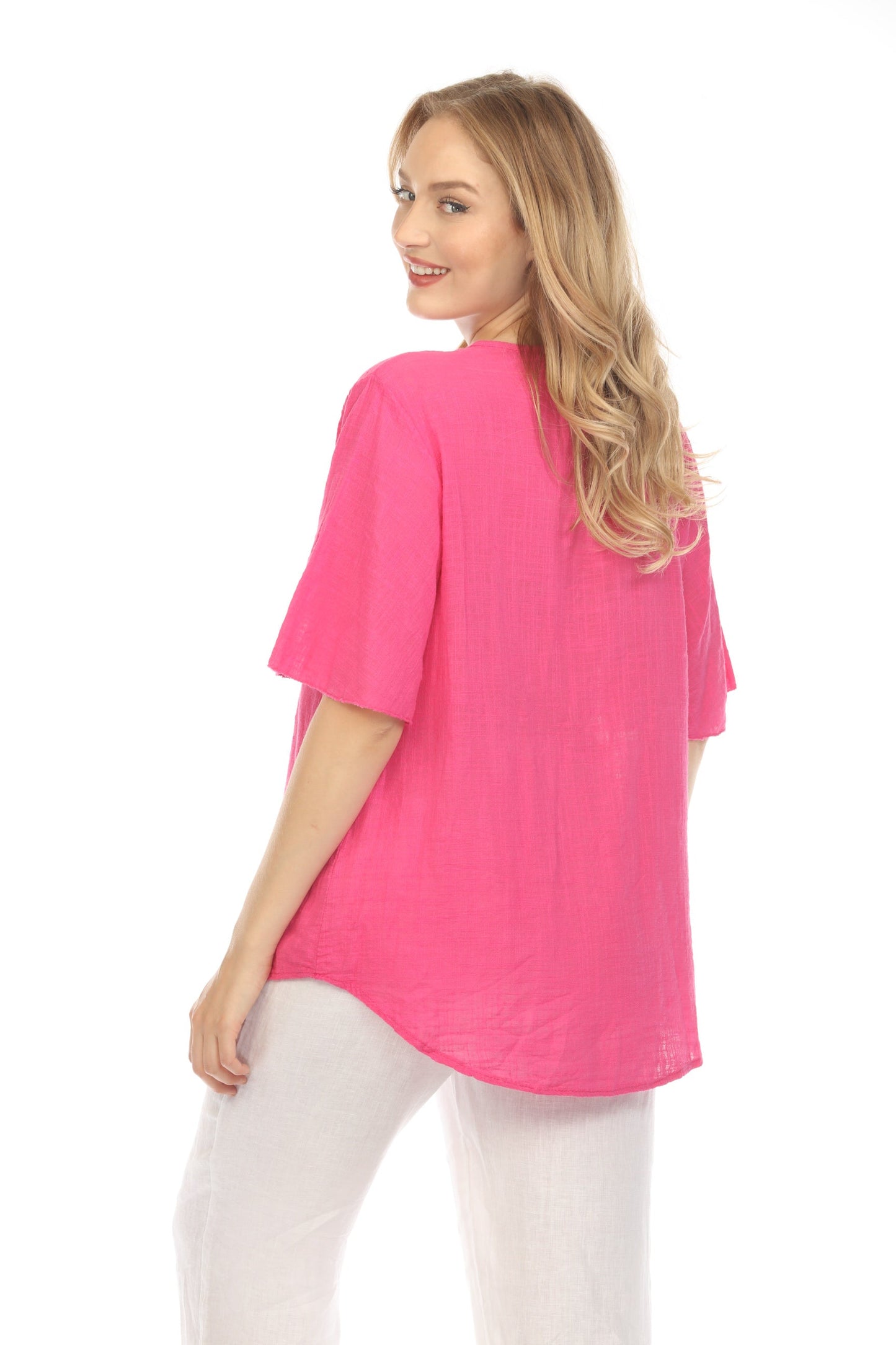 Fuchsia V Neck Plain Top With Bell Sleeves