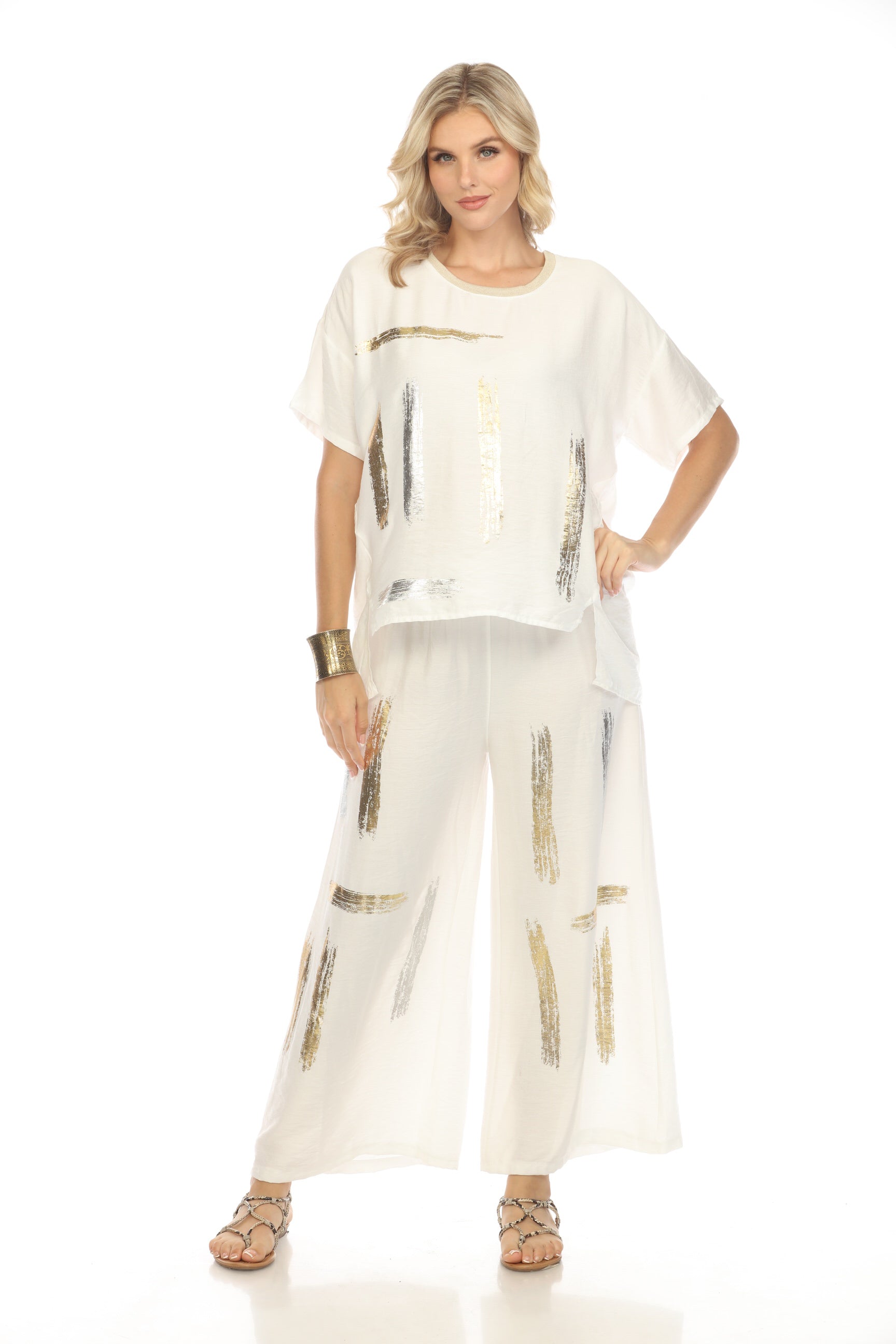 Elastic Waist Pant with Gold Silver Modern Art