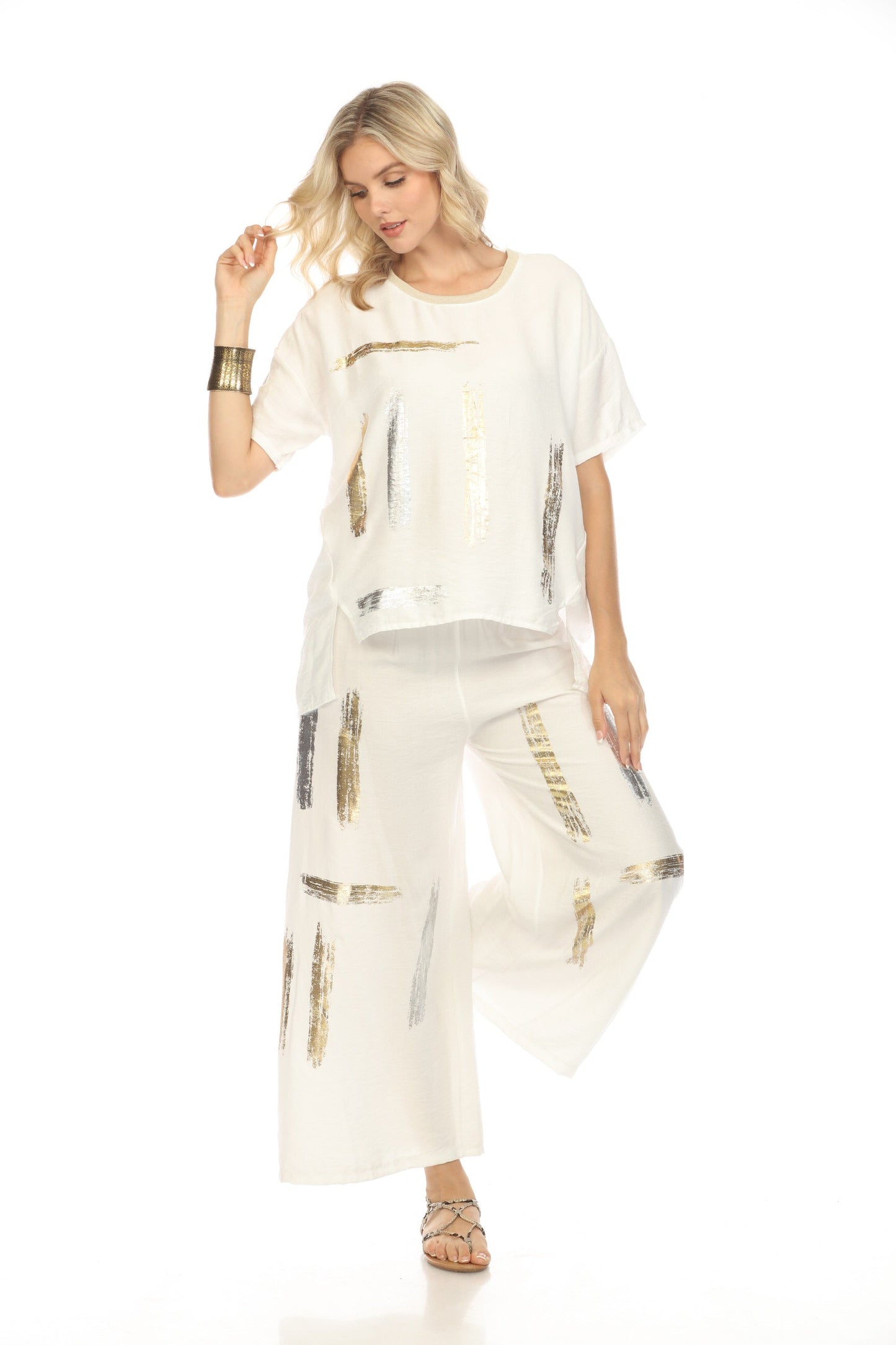 Off white silver gold modern art print pant