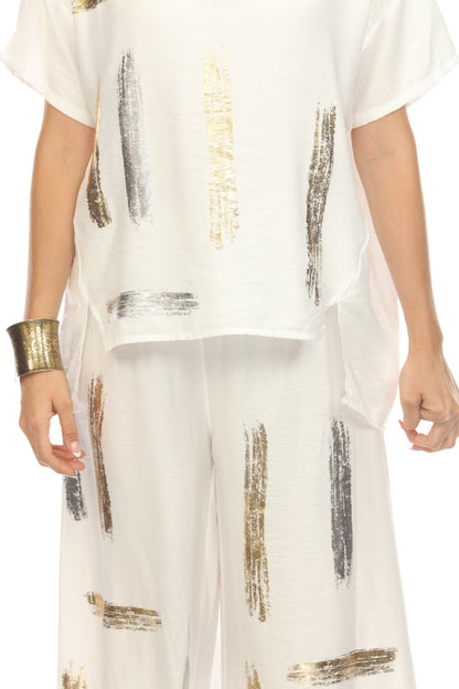 Off white silver gold modern art print Top