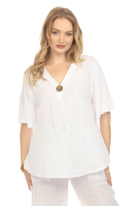 White V Neck Plain Top With Bell Sleeves