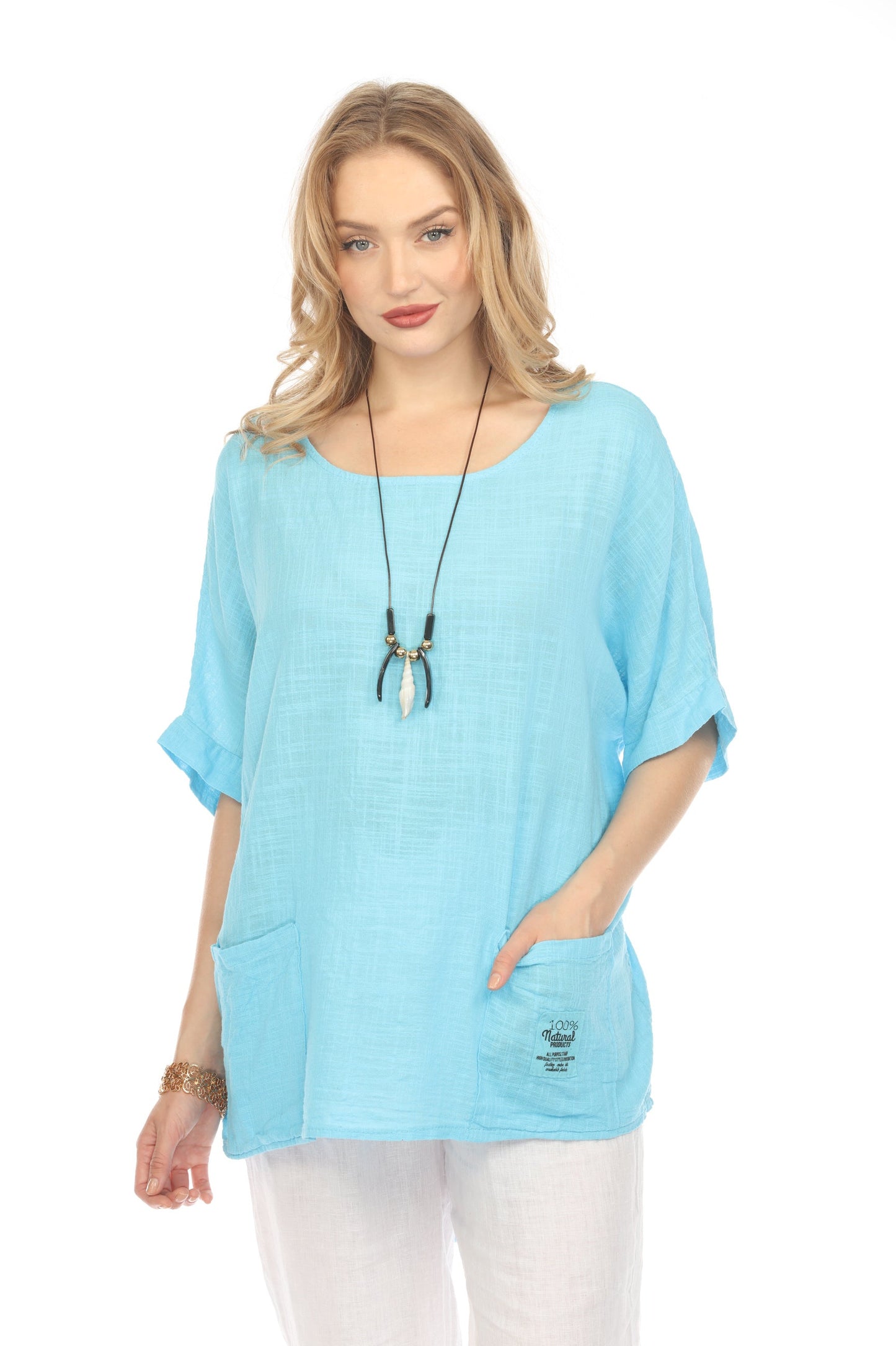 Light Blue Half Sleeves Tunic with Pockets