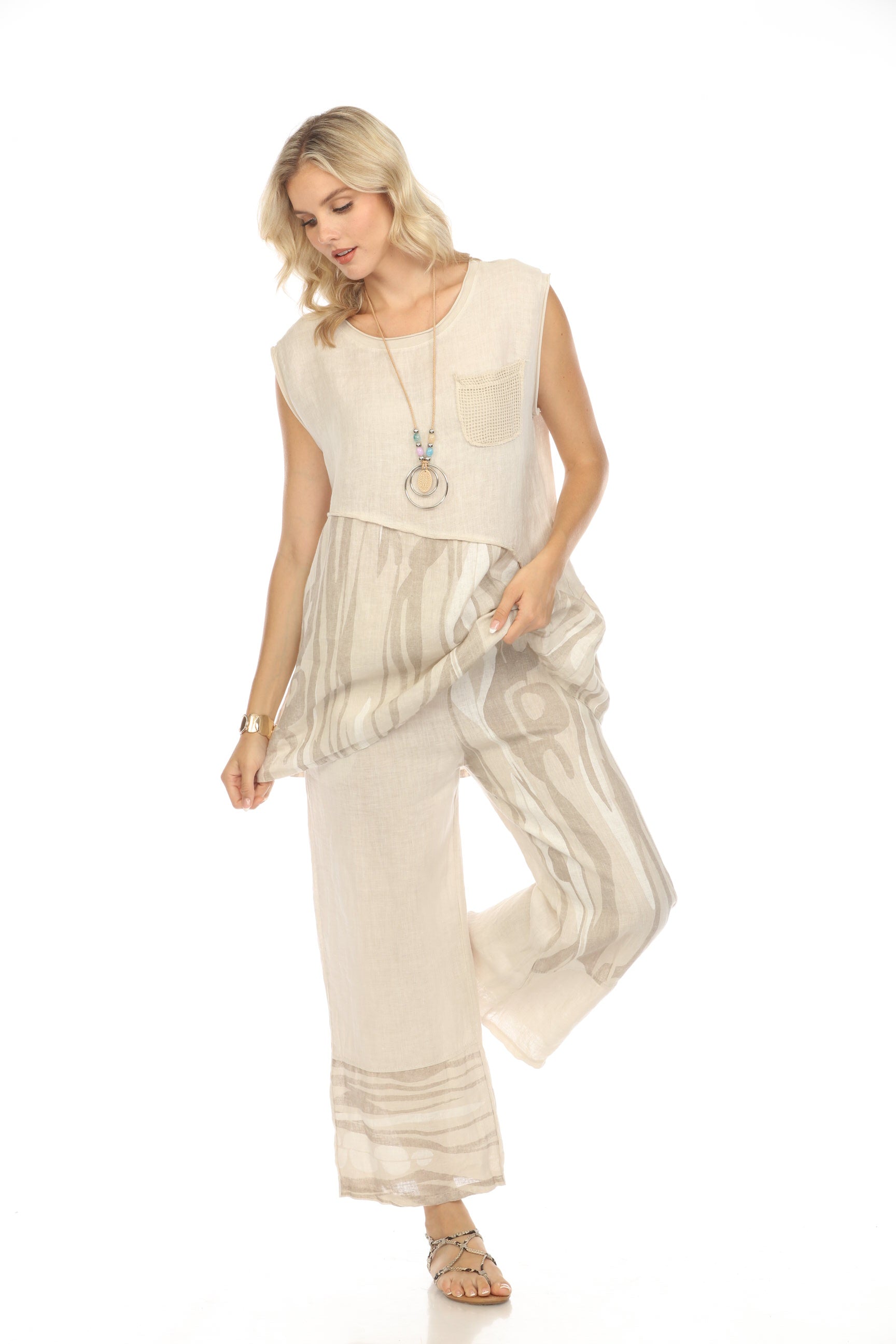 Beige Abstract Print Wide Leg Pant