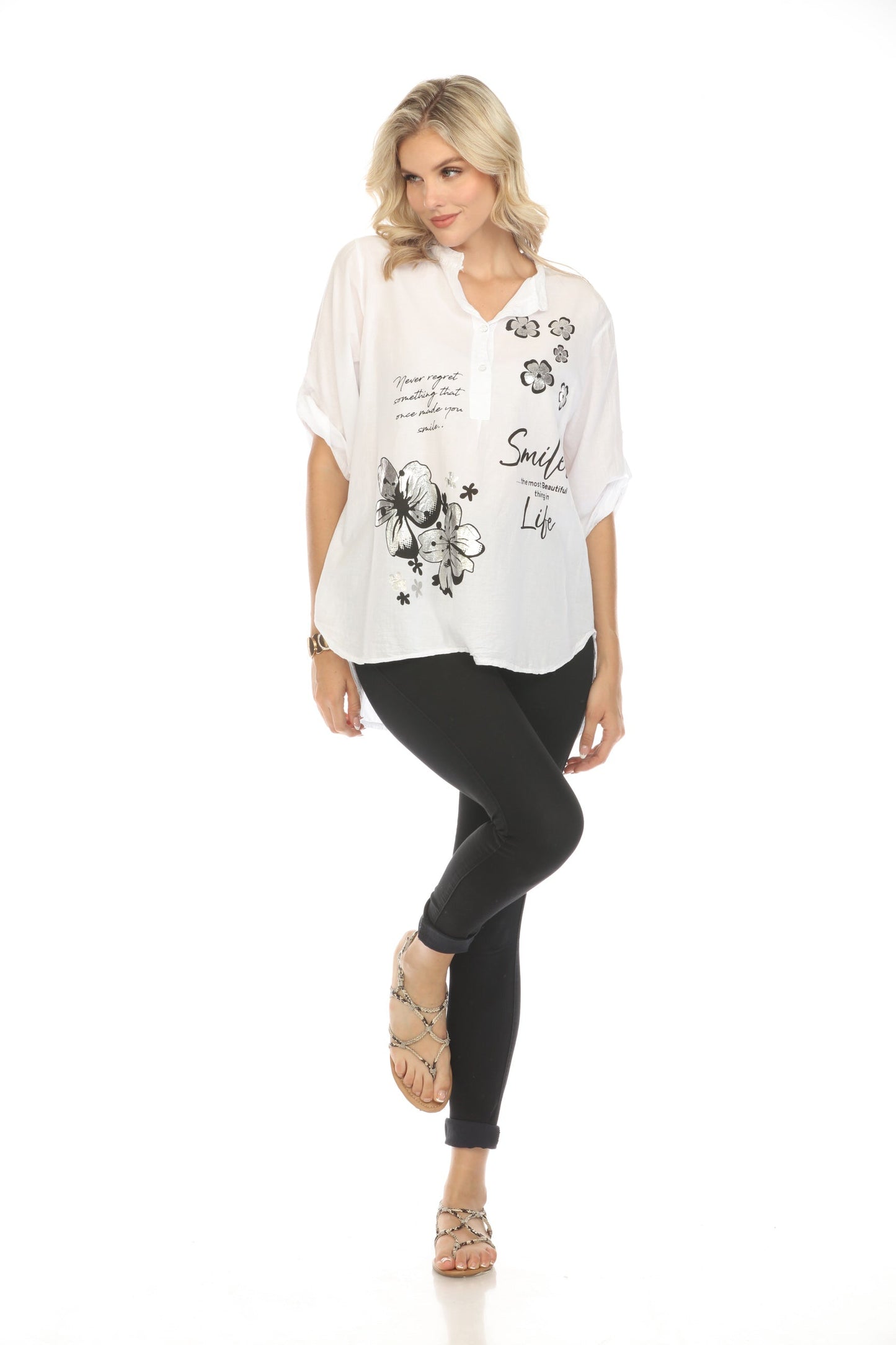 Modern Floral Silver Black Print Priest neck Top