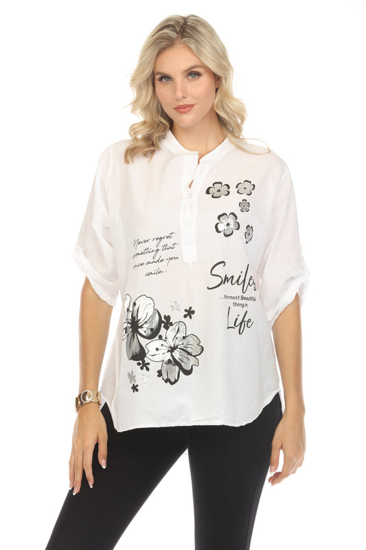 Modern Floral Silver Black Print Priest neck Top