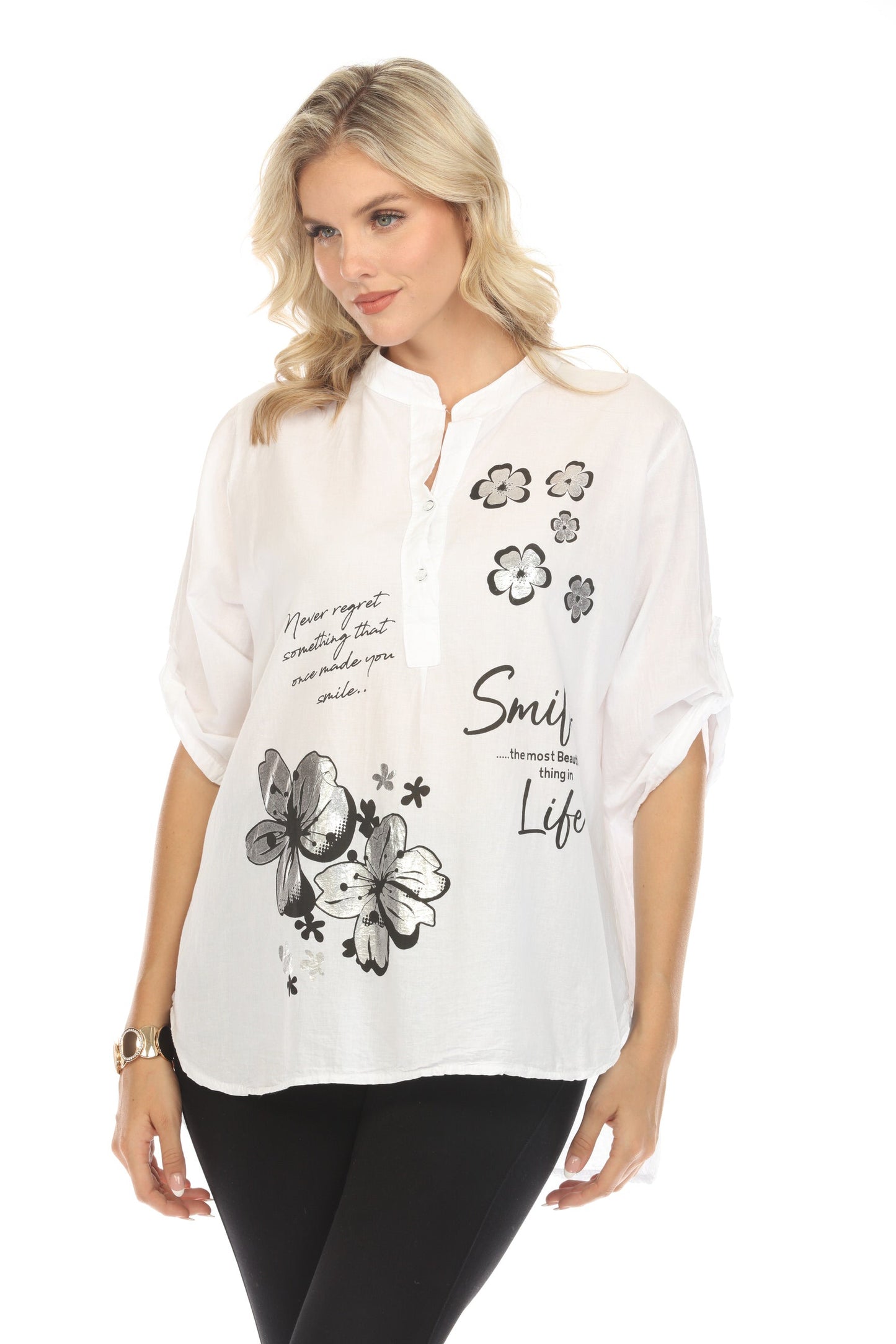 Modern Floral Silver Black Print Priest neck Top