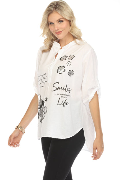 Modern Floral Silver Black Print Priest neck Top