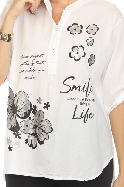Modern Floral Silver Black Print Priest neck Top