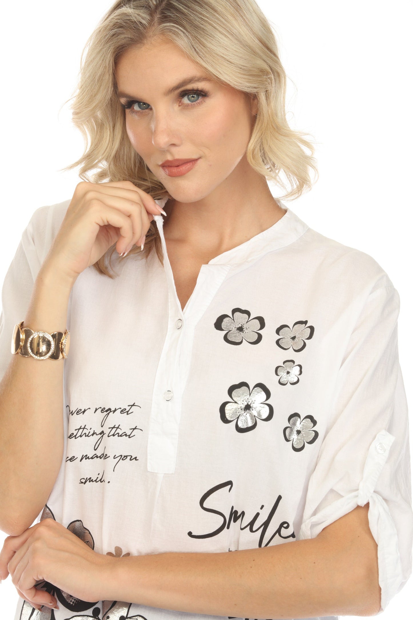 Modern Floral Silver Black Print Priest neck Top