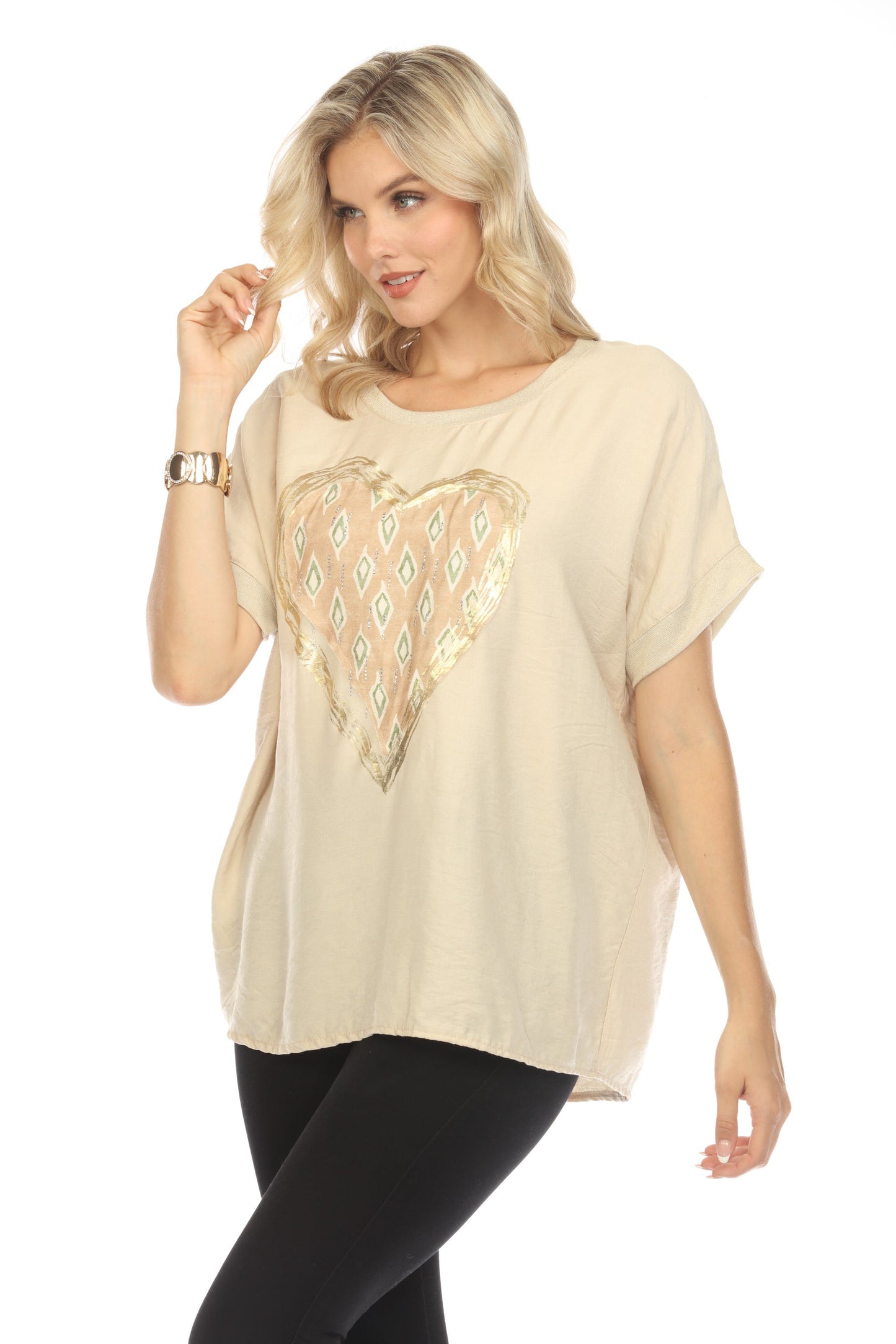 Beige Heart Detailing Chic Top