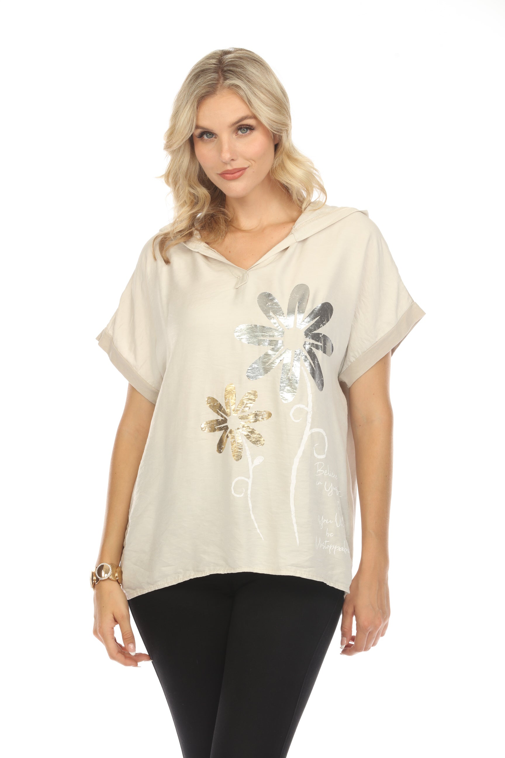 White Floral silver gold Print Hooded Top