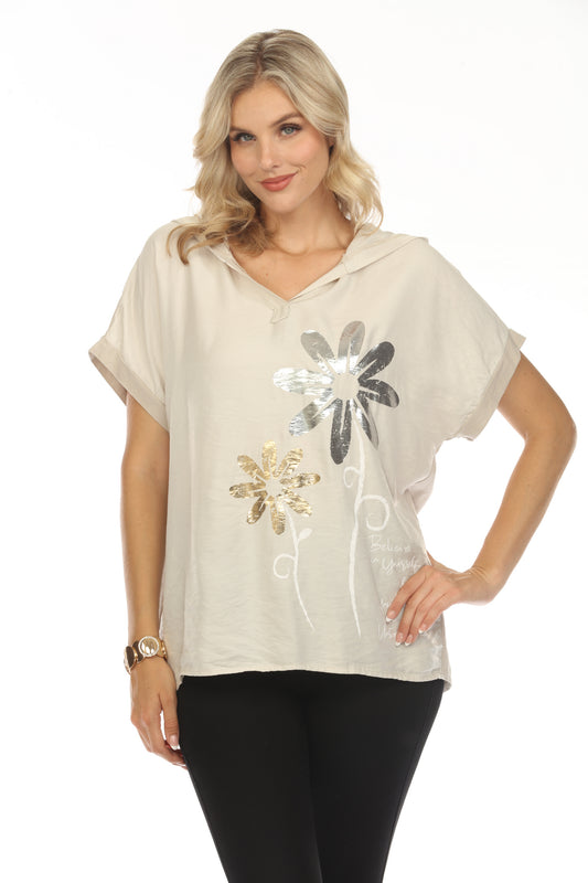 Floral silver gold Print Hooded Top