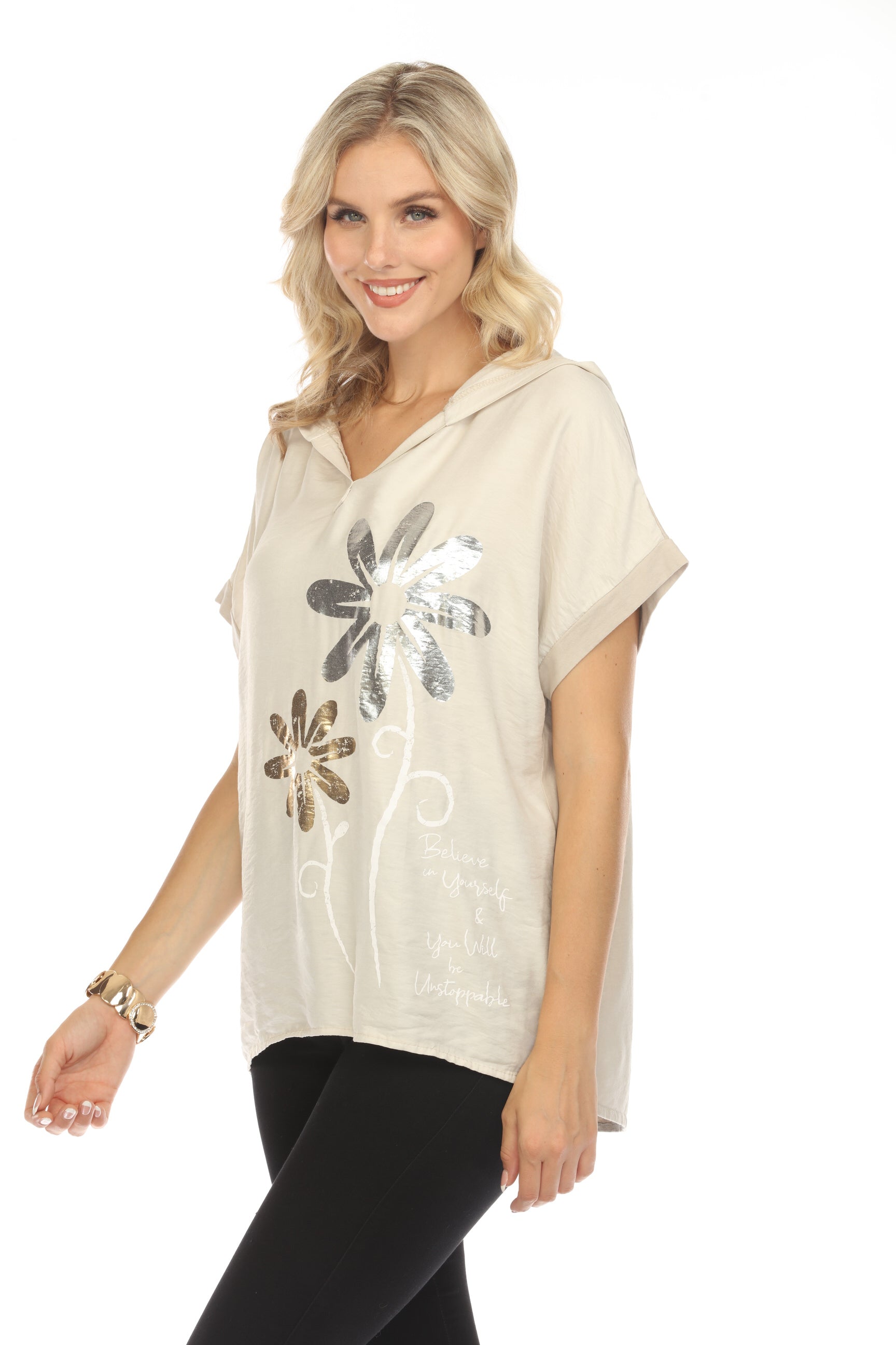 Beige Floral silver gold Print Hooded Top