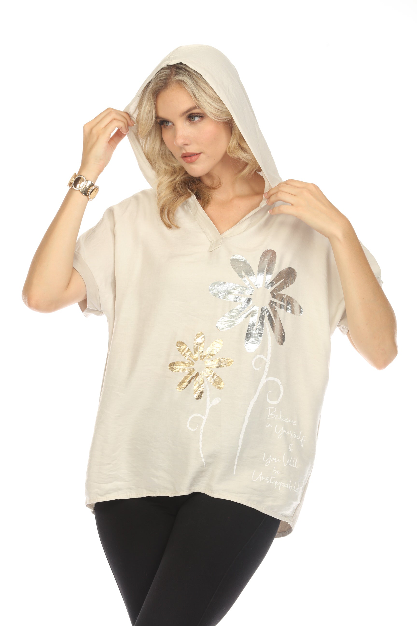 White Floral silver gold Print Hooded Top