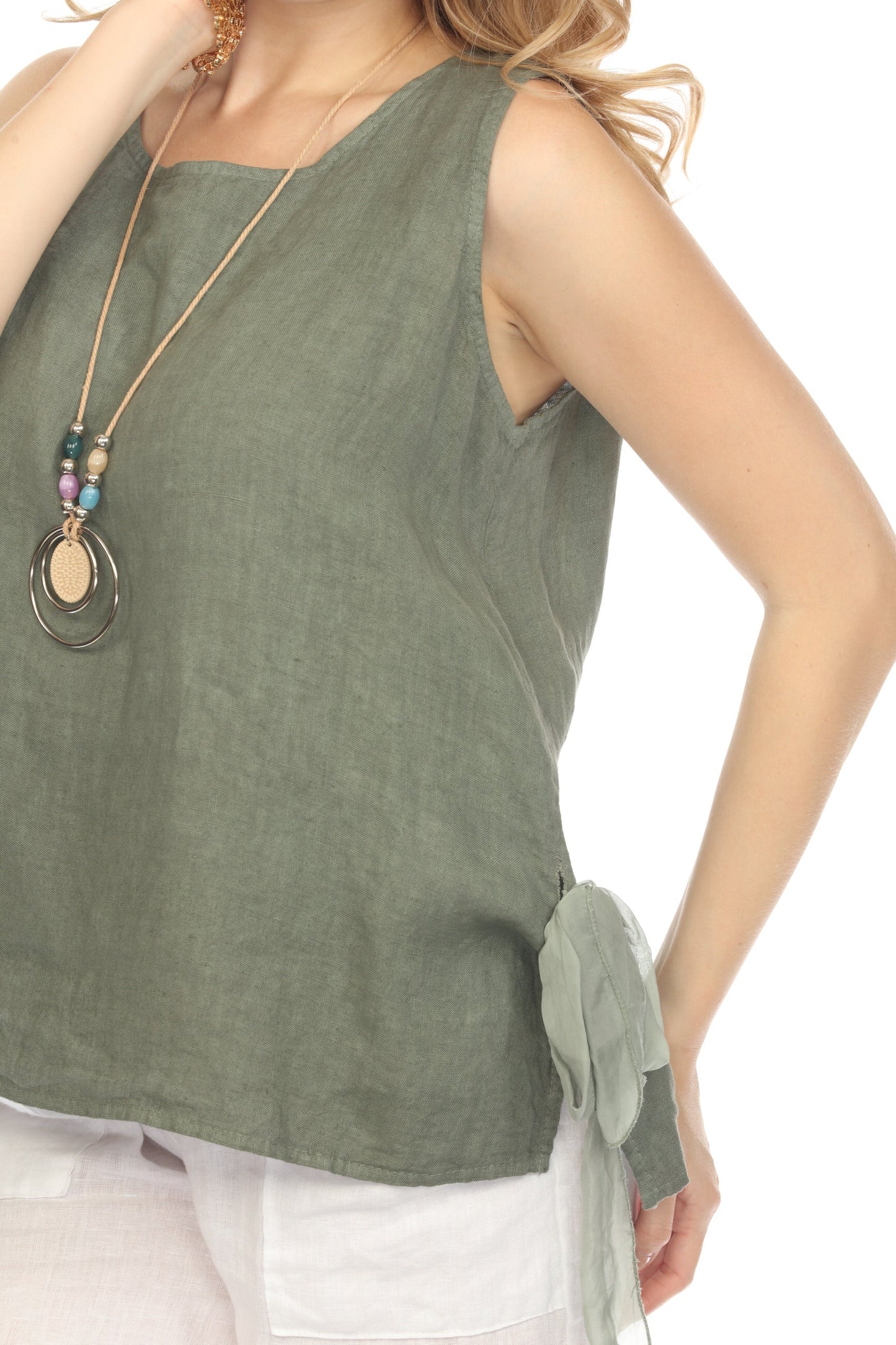 Olive Sleeveless Top with Side Bows