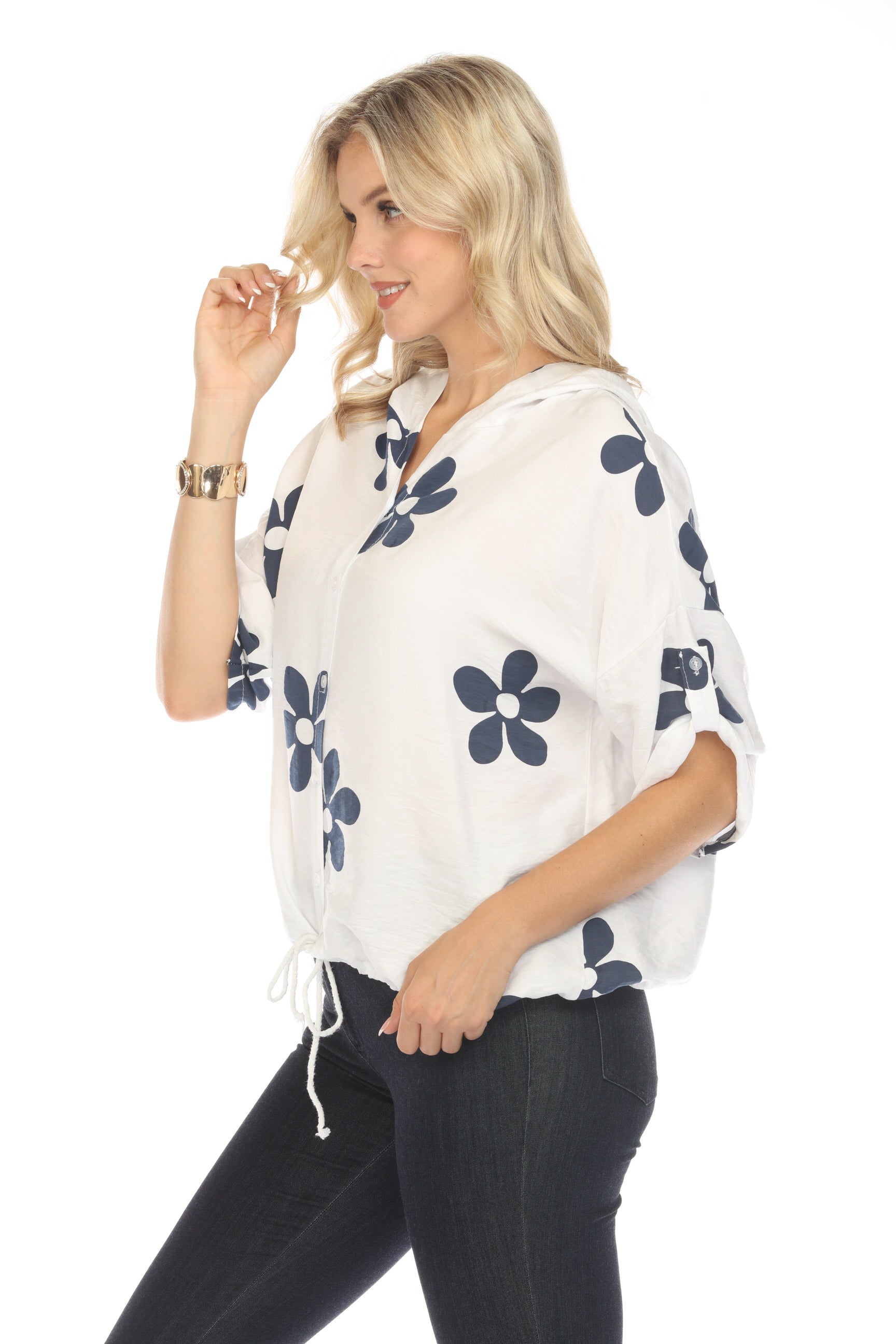 Hooded Floral Print Drawstring Top