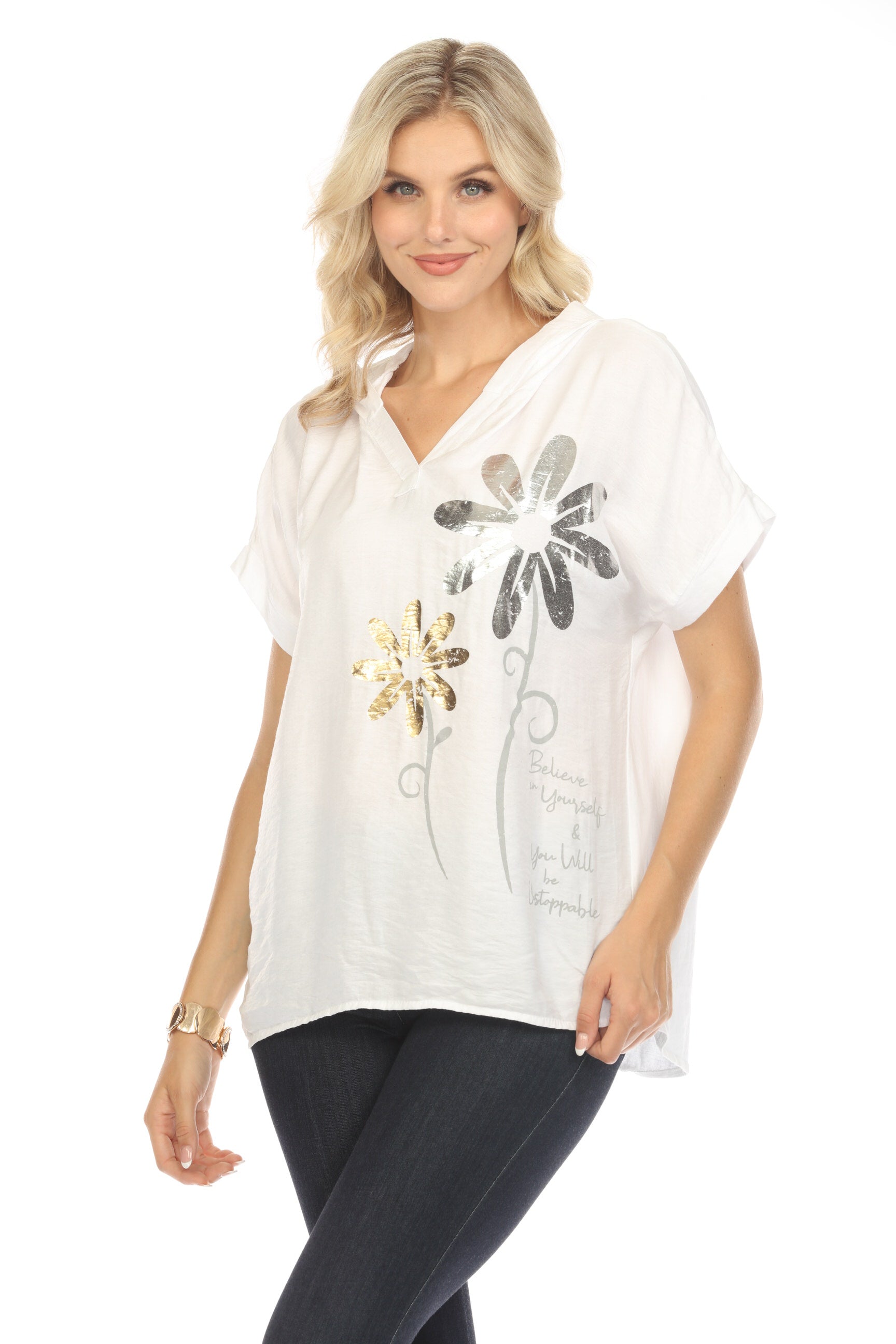 White Floral silver gold Print Hooded Top