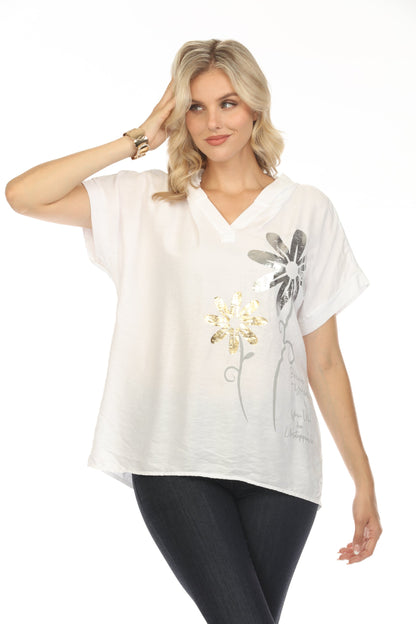 White Floral silver gold Print Hooded Top