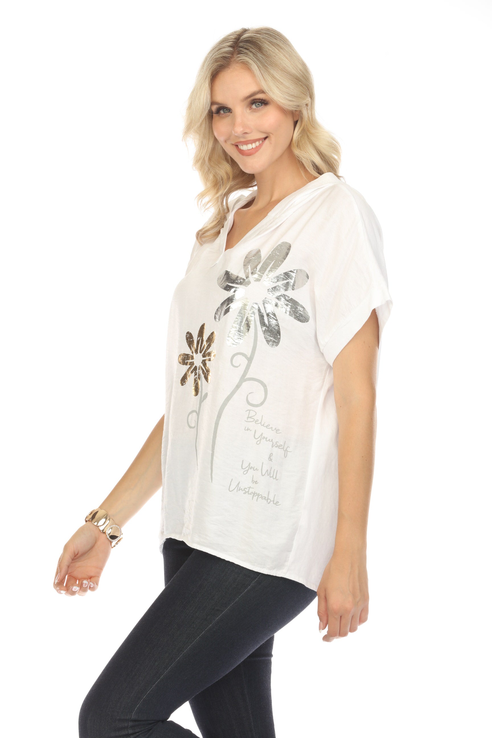 White Floral silver gold Print Hooded Top