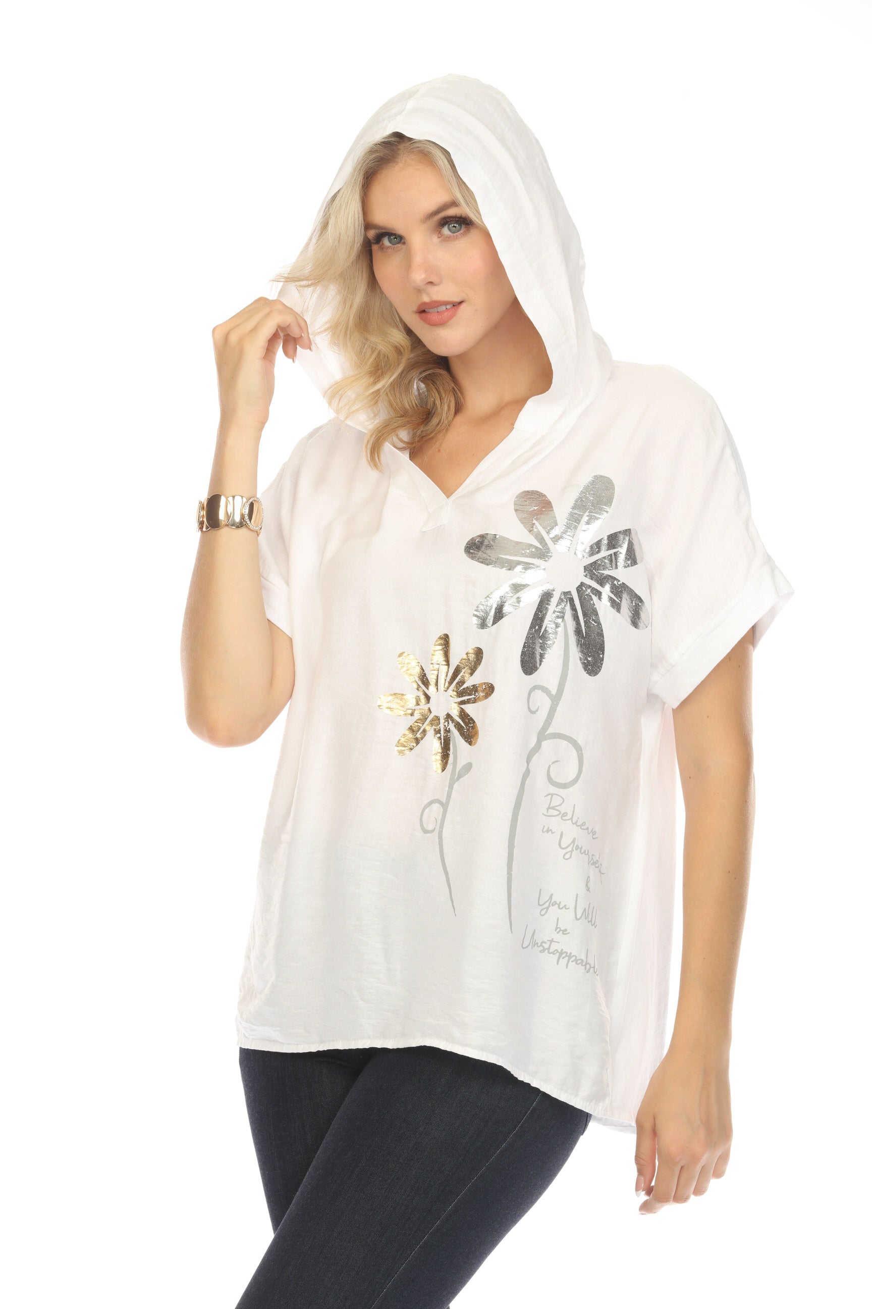 White Floral silver gold Print Hooded Top