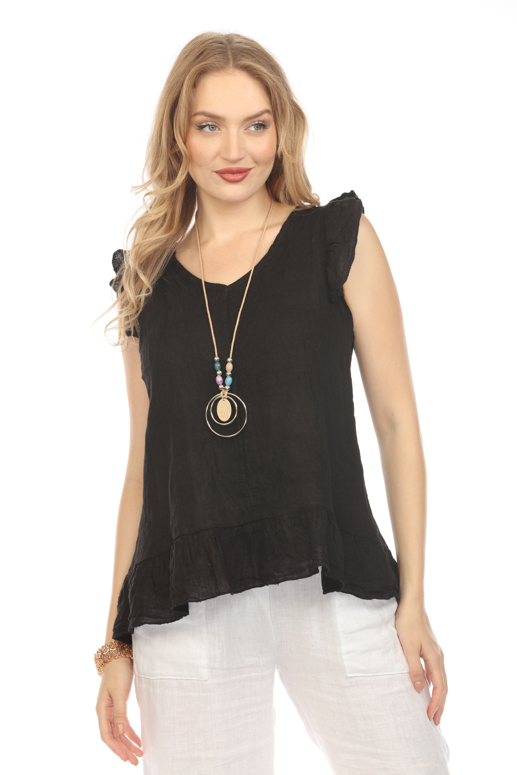 Black High-Low Cap Sleeves Top with Bottom Ruffles