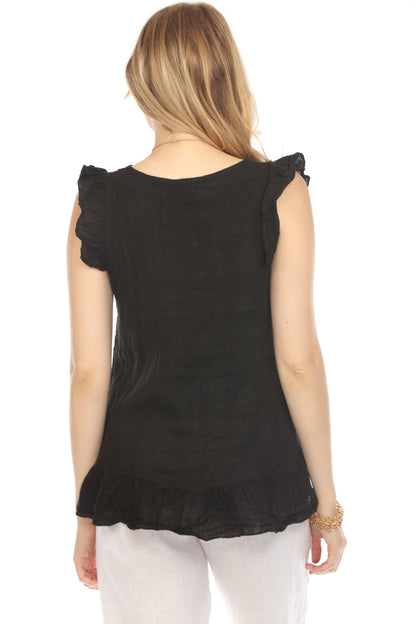 Black High-Low Cap Sleeves Top with Bottom Ruffles
