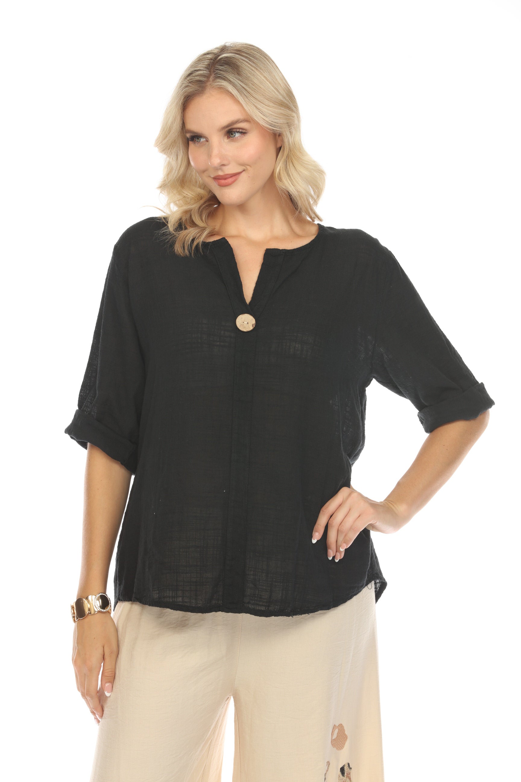 Black 3/4 Sleeves Top with Bamboo Button