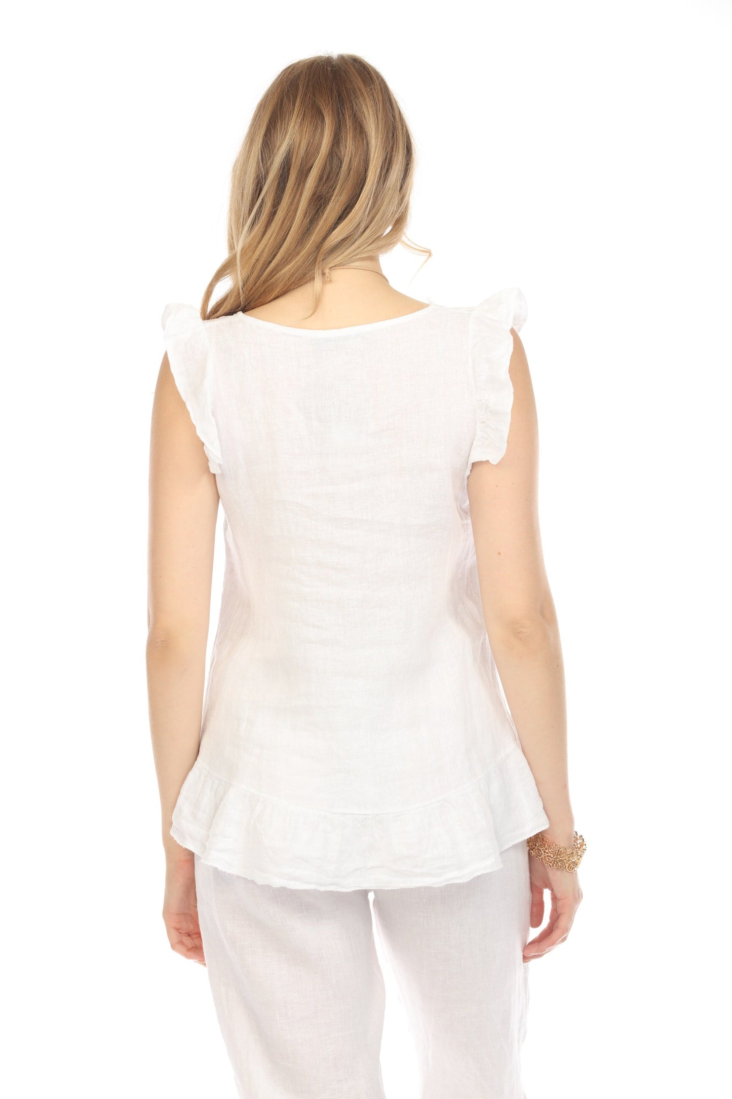 White High-Low Cap Sleeves Top with Bottom Ruffles