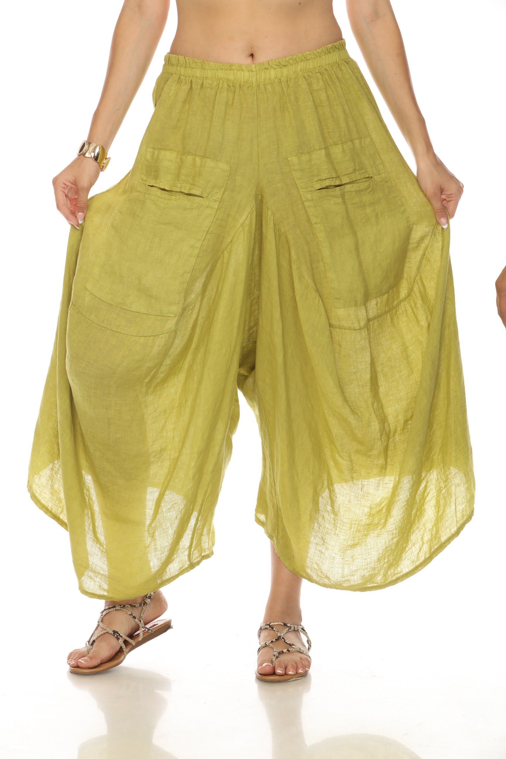 Mustard Elastic Waist designer Wide Leg Pockets Pant