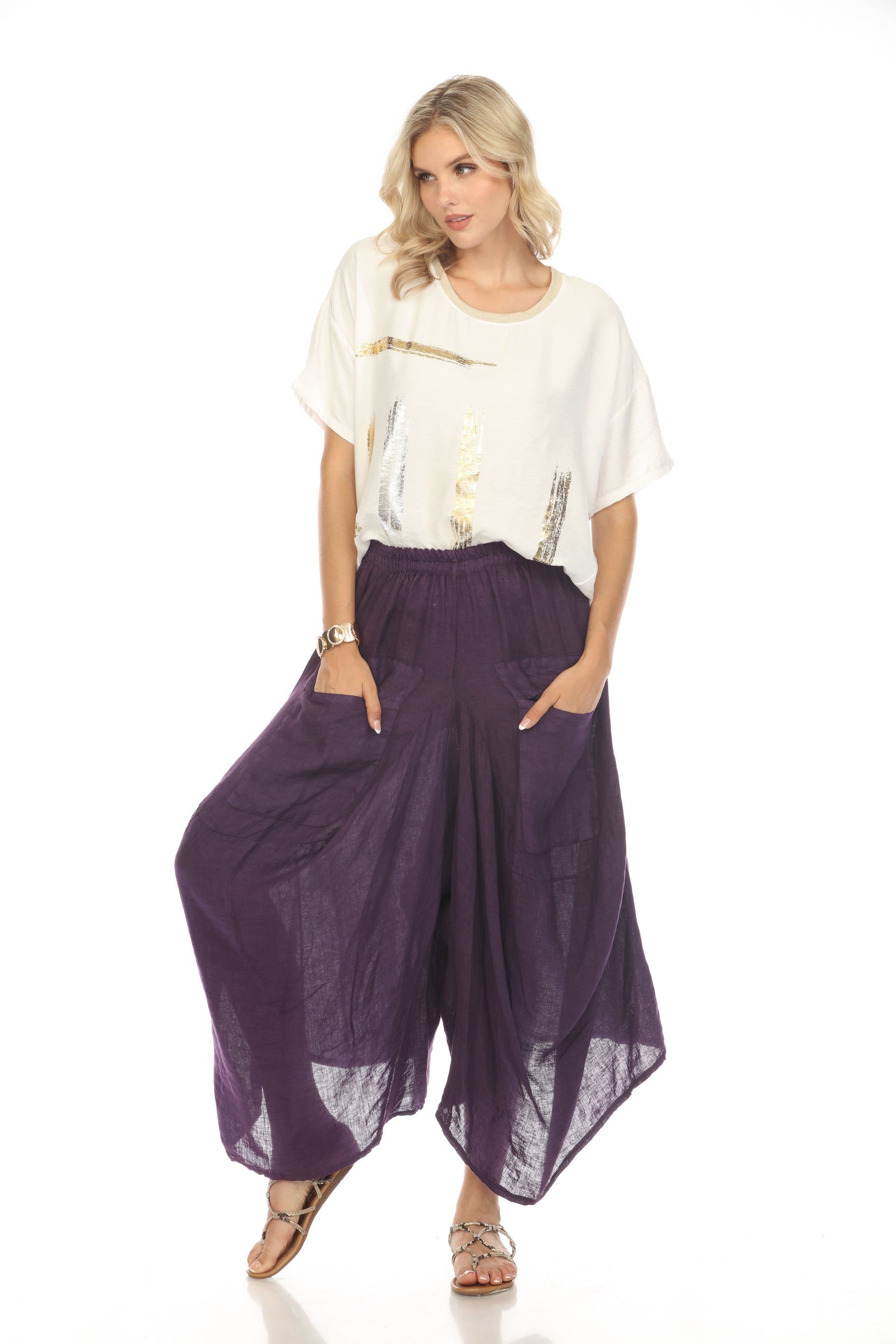 Purple Elastic Waist designer Wide Leg Pockets Pant