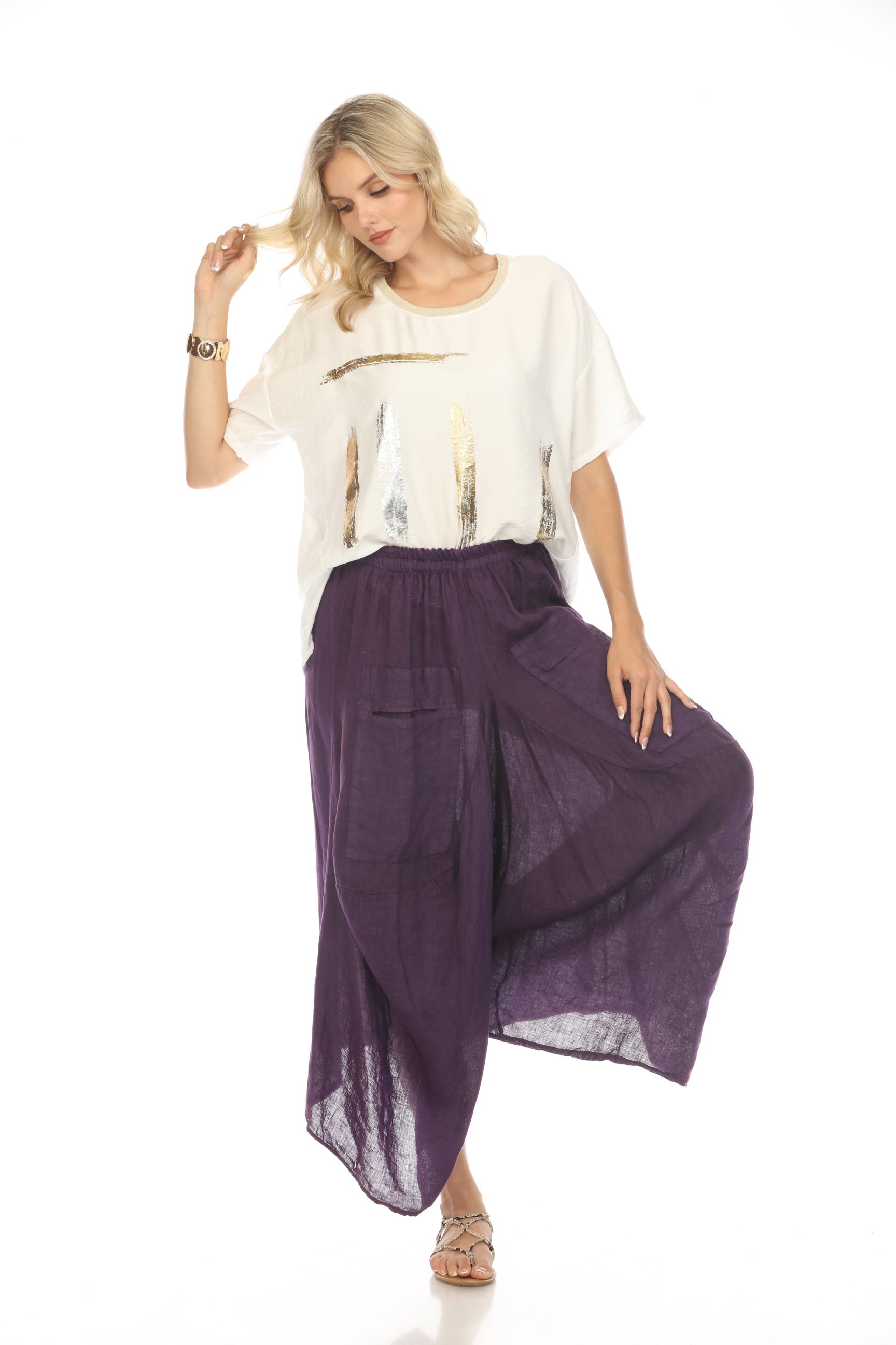 Purple Elastic Waist designer Wide Leg Pockets Pant