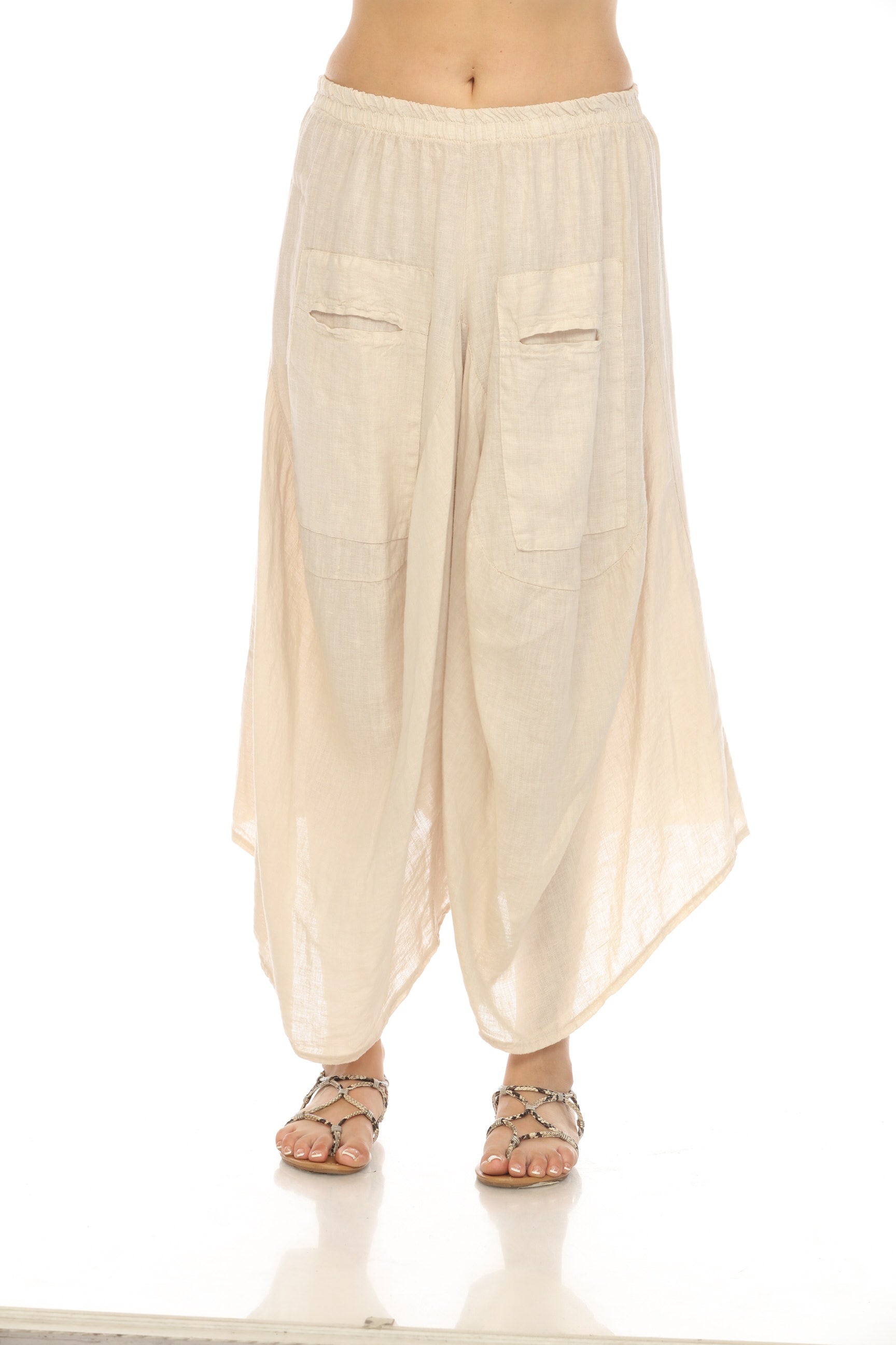 Beige Elastic Waist designer Wide Leg Pockets Pant